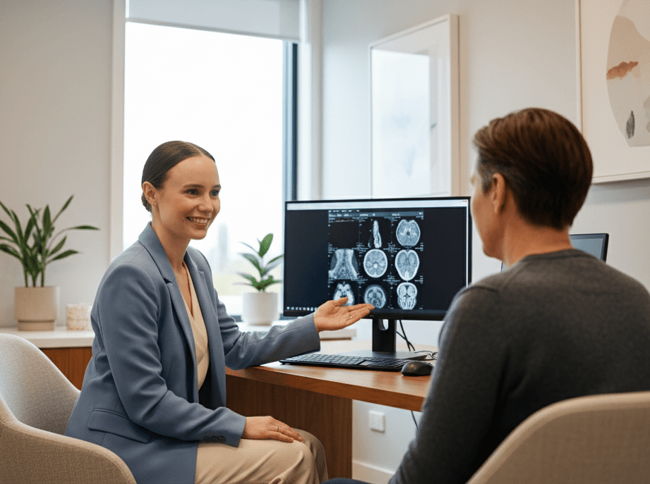 Neurologist reviewing brain scans with patient during consultation