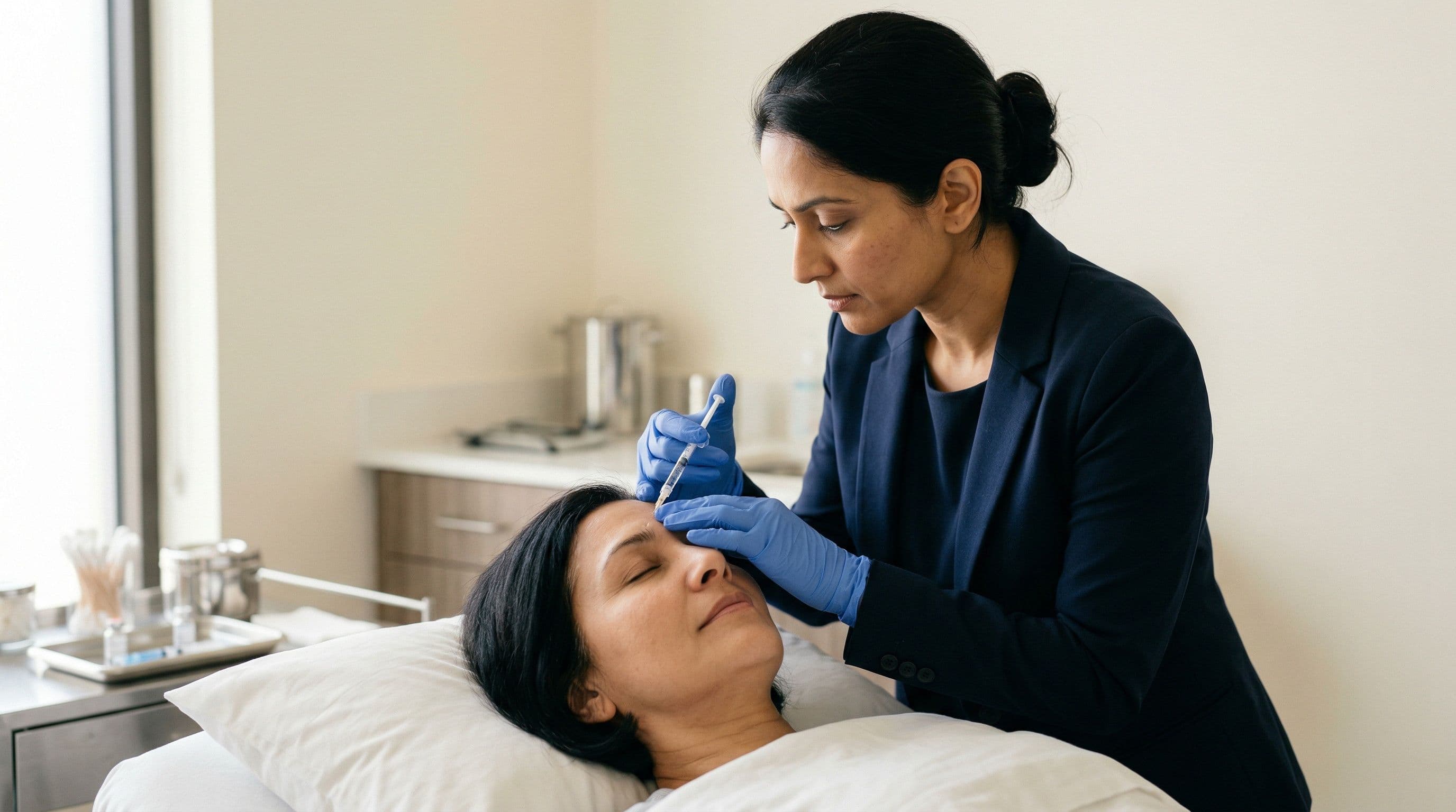 A neurologist administering botulinum toxin injections to a patient in a modern treatment room.