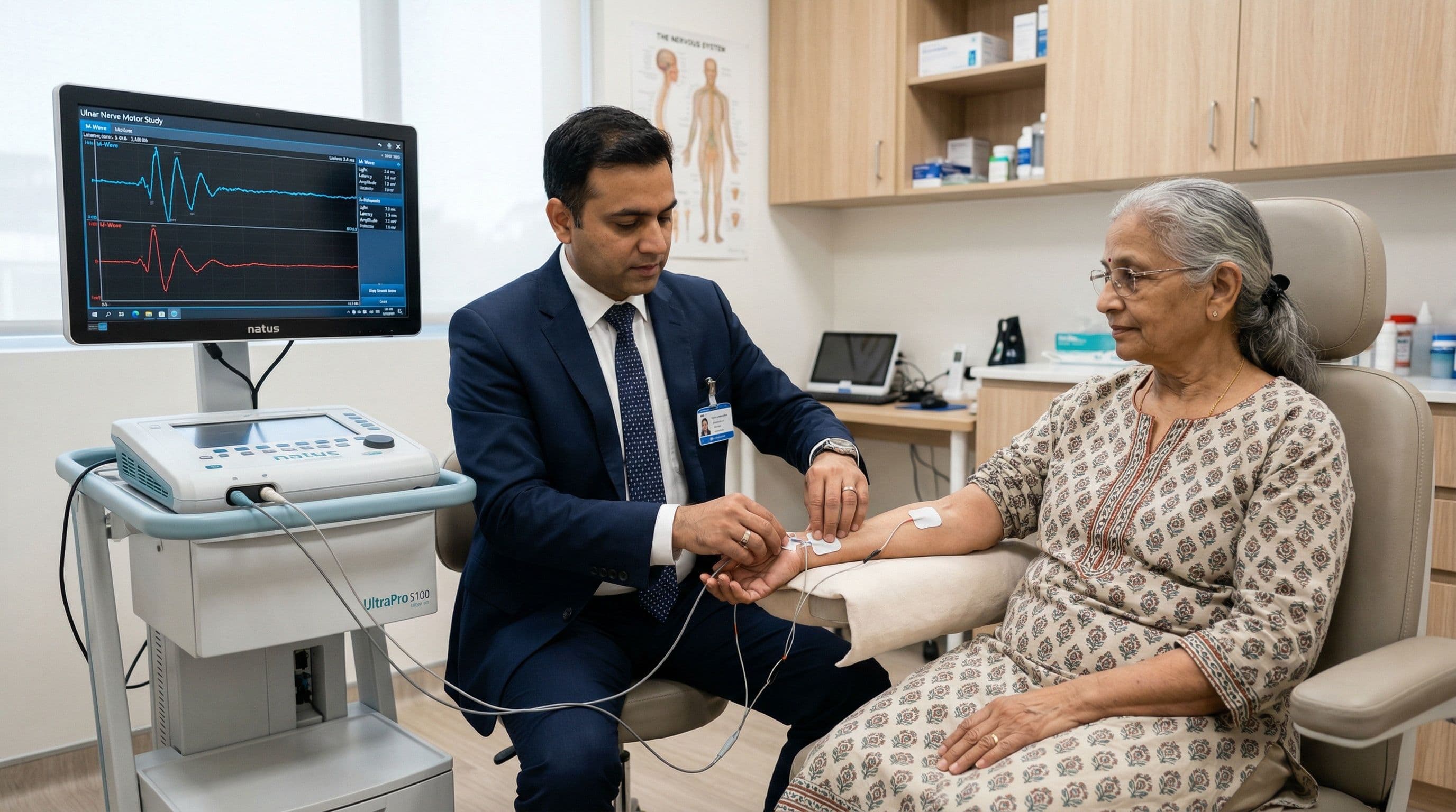 A neurologist performing a nerve conduction study, placing electrodes on a patient arm with monitoring equipment nearby.