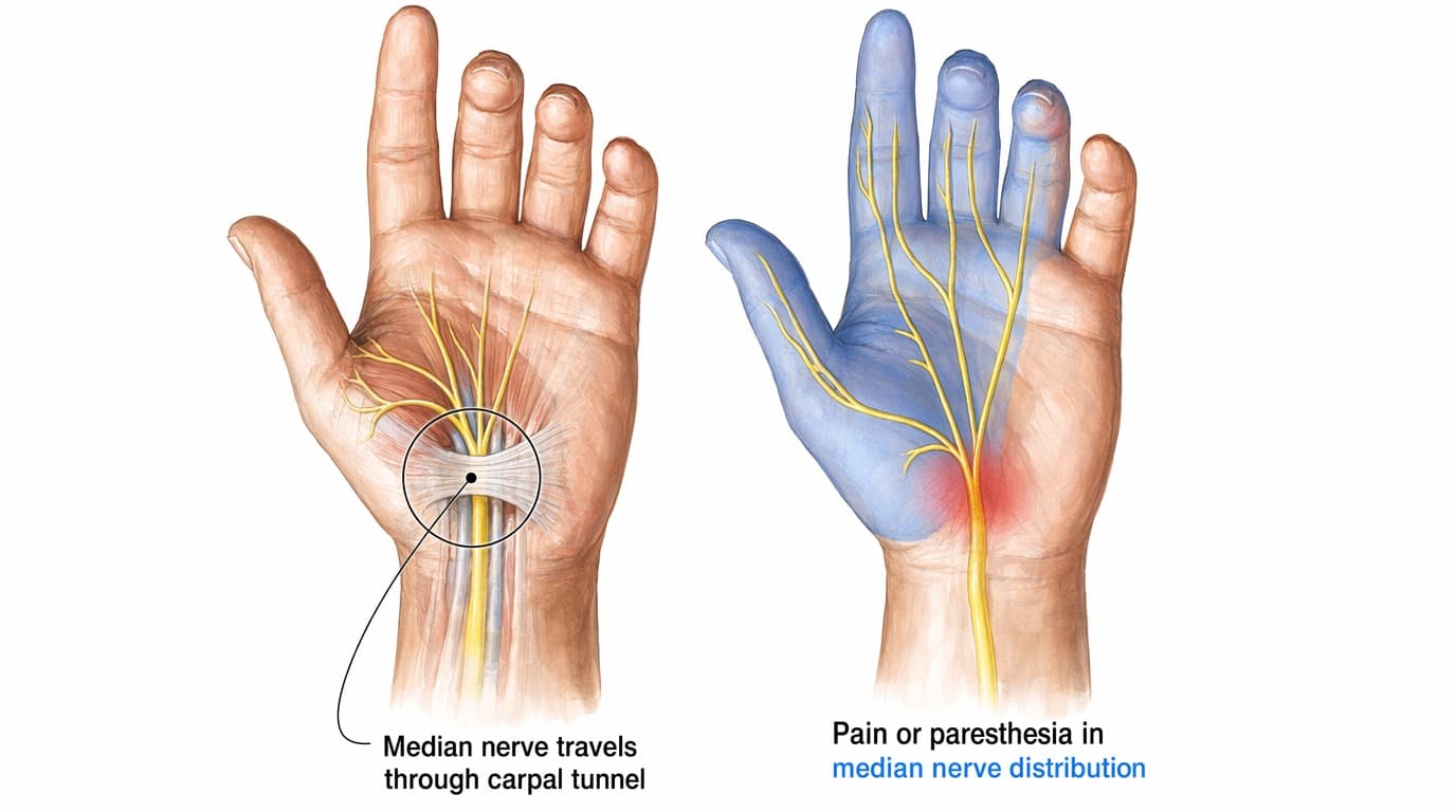 Anatomical illustration of the median nerve passing through the carpal tunnel at the wrist, alongside a second view of the typical pain and paresthesia distribution across the thumb, index, middle and half of the ring finger.