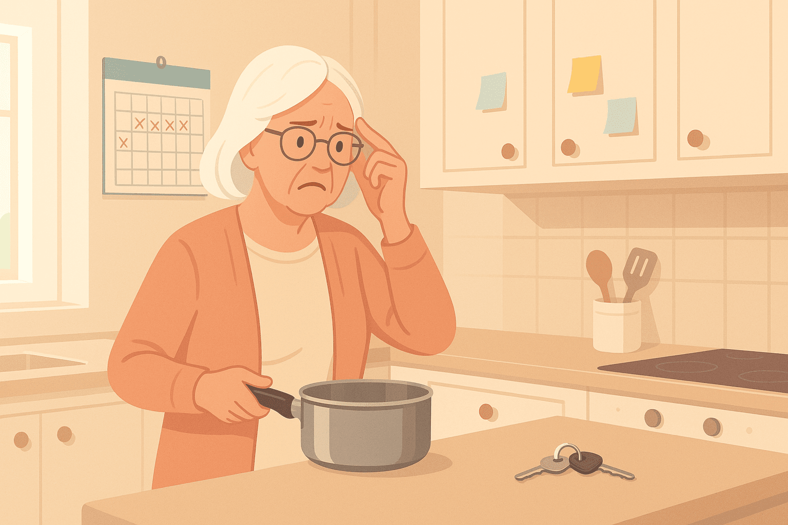 Old lady who's forgotten her keys.