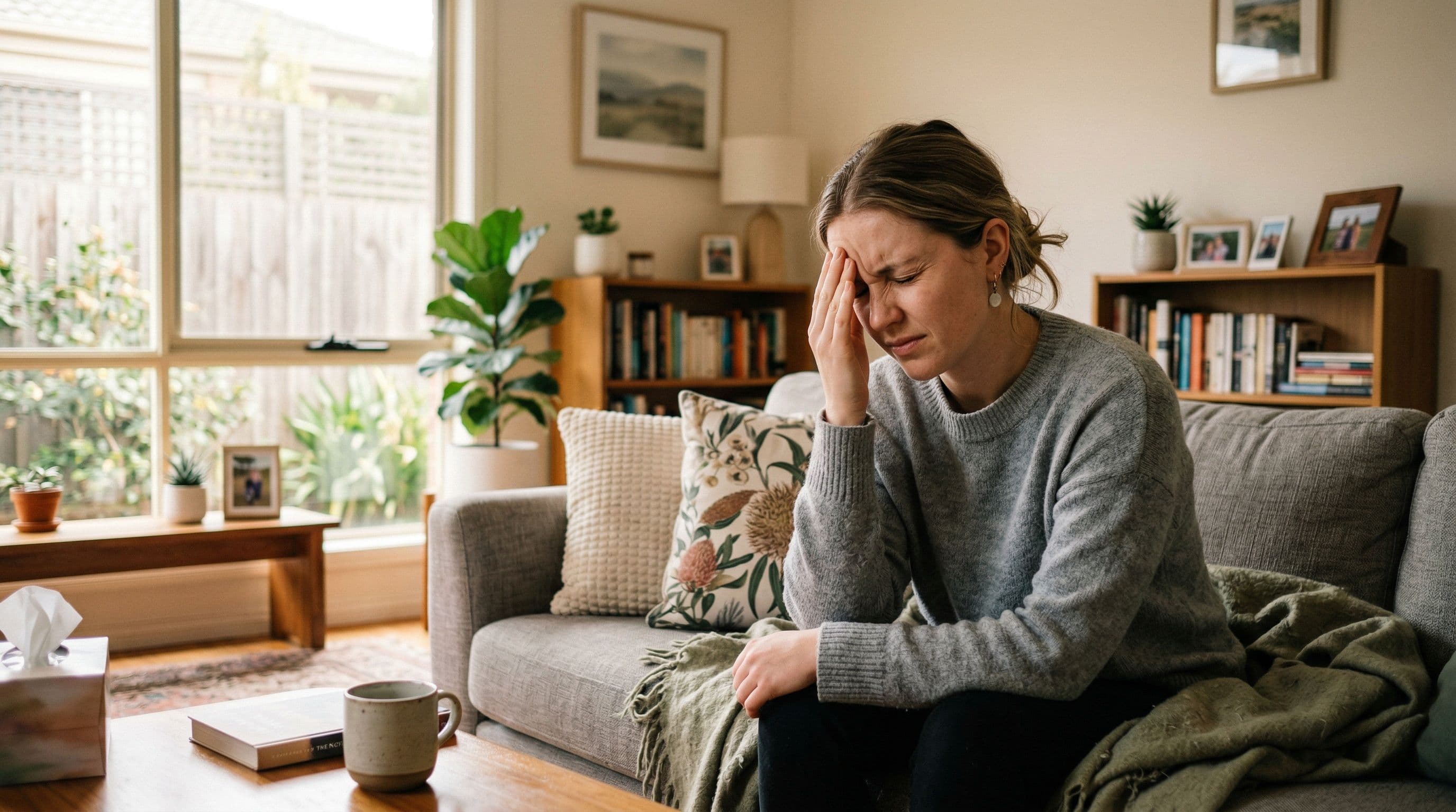 A young woman experiencing a severe headache, a common symptom of idiopathic intracranial hypertension.