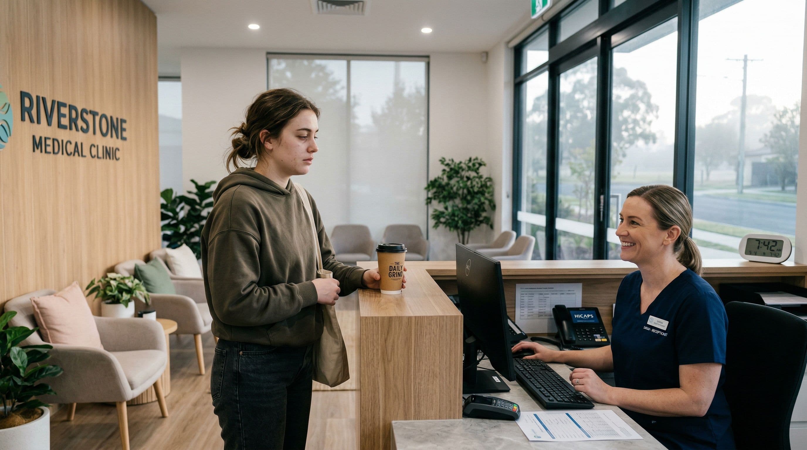 A fatigued patient arriving at the clinic early in the morning for a sleep-deprived EEG test.