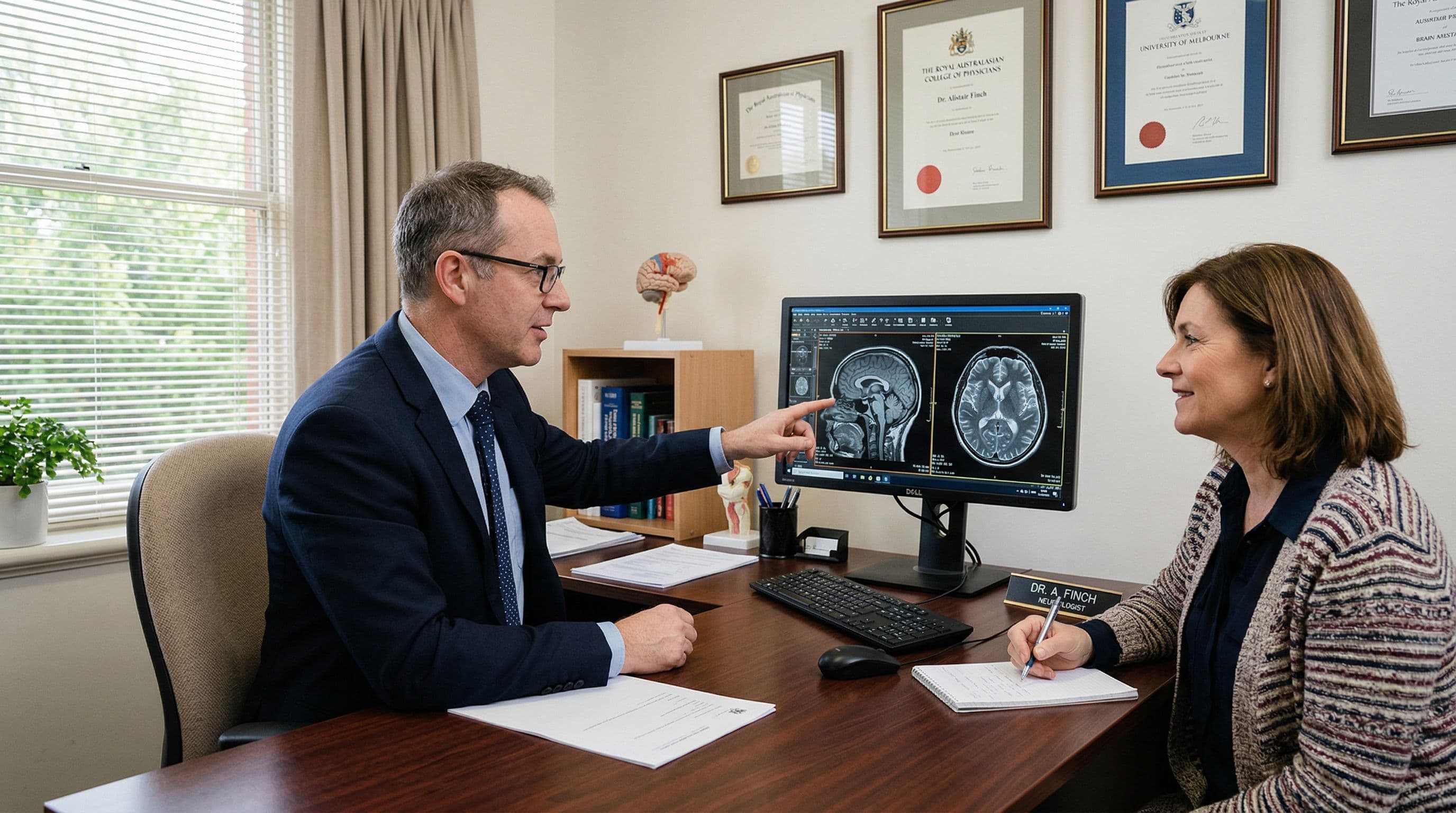 A neurologist reviewing a brain MRI scan on a desktop computer while consulting with a patient.