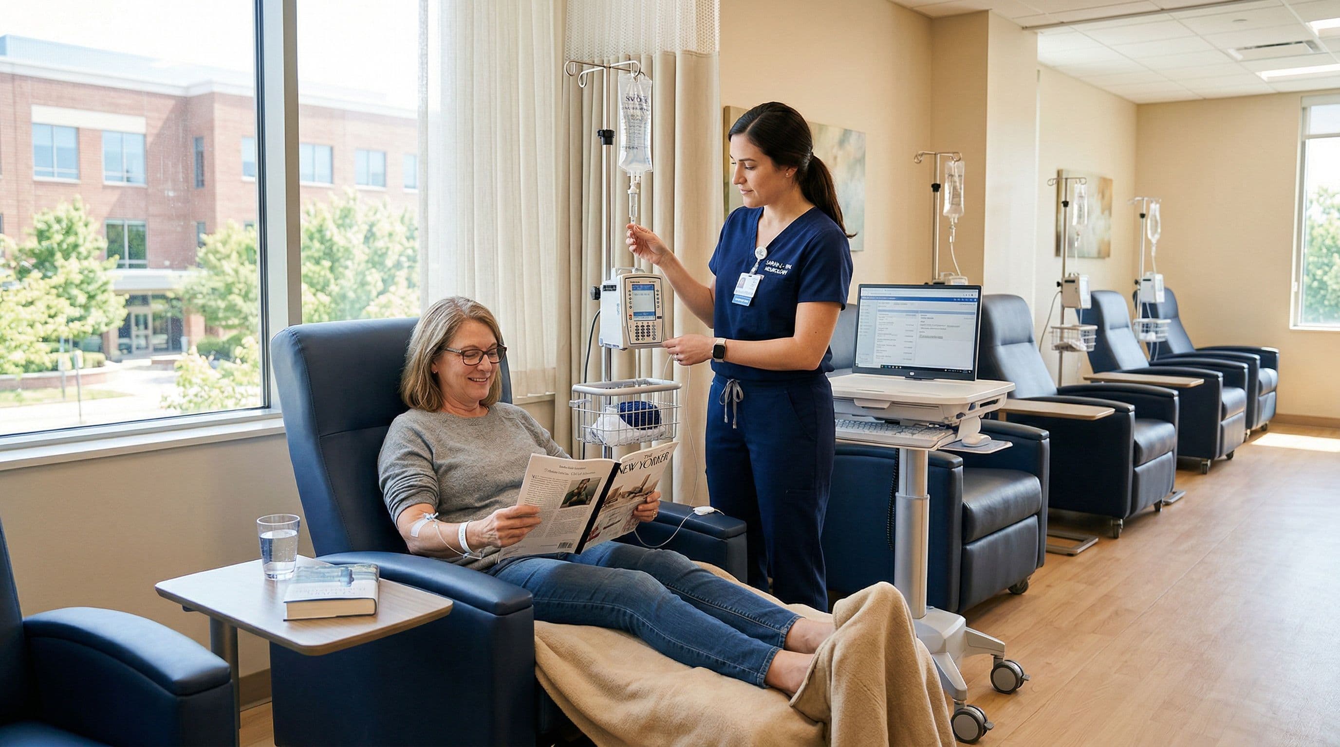 A patient receiving an infusion treatment in a comfortable clinic bay while a nurse monitors the IV drip.