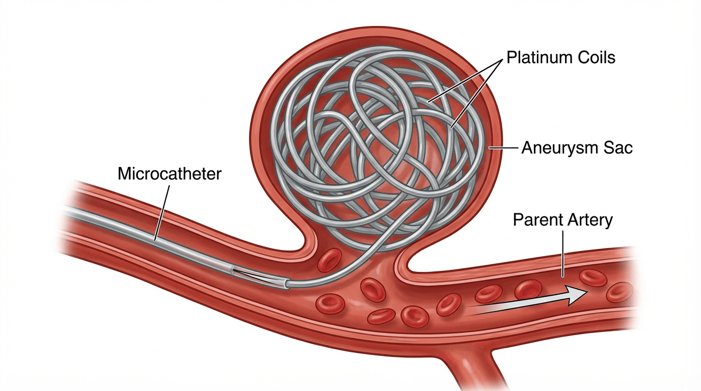 Medical illustration showing endovascular coil embolization of a brain aneurysm, with platinum coils deployed via microcatheter into the aneurysm sac.
