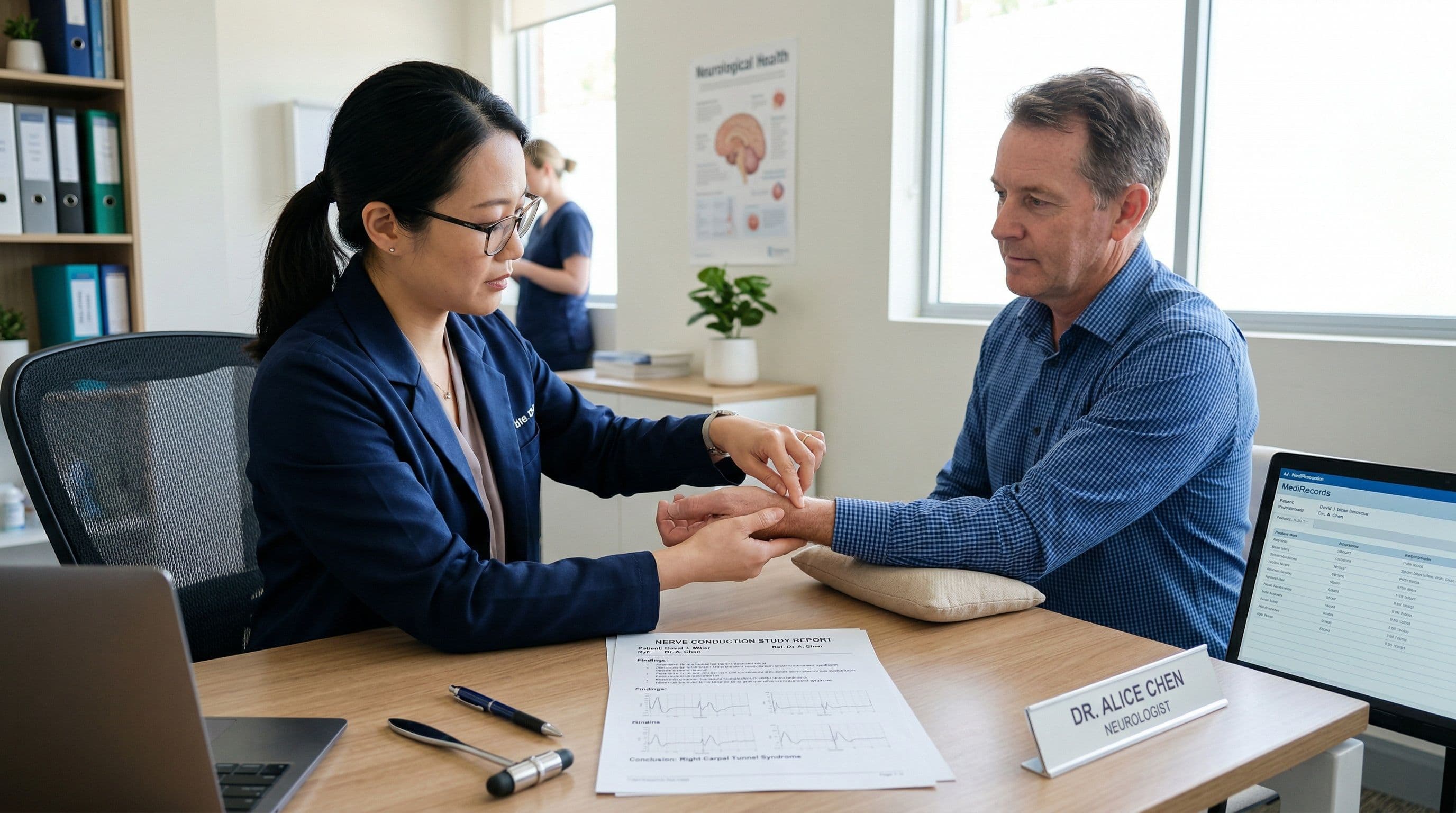 A neurologist examining a patient wrist during assessment for carpal tunnel syndrome.