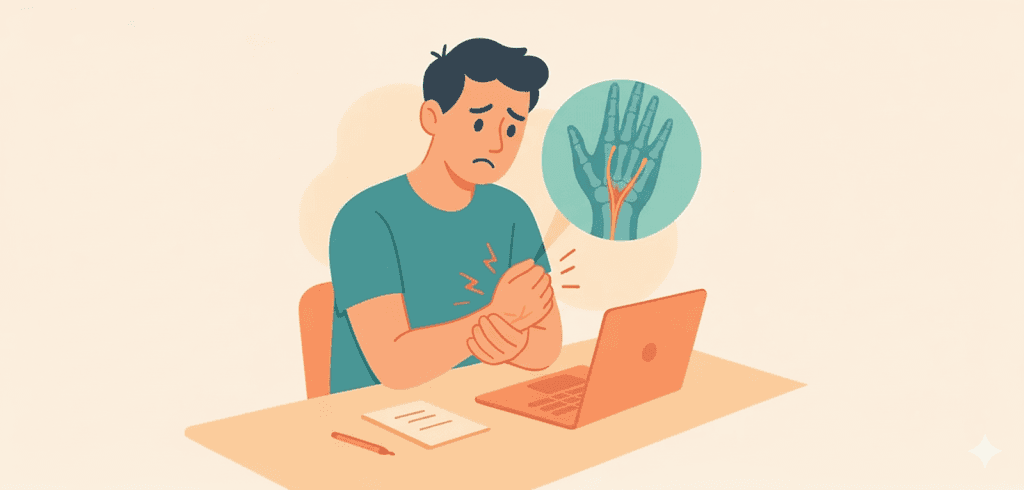 Doctor examining patient's wrist for carpal tunnel syndrome with anatomical diagram showing compressed median nerve