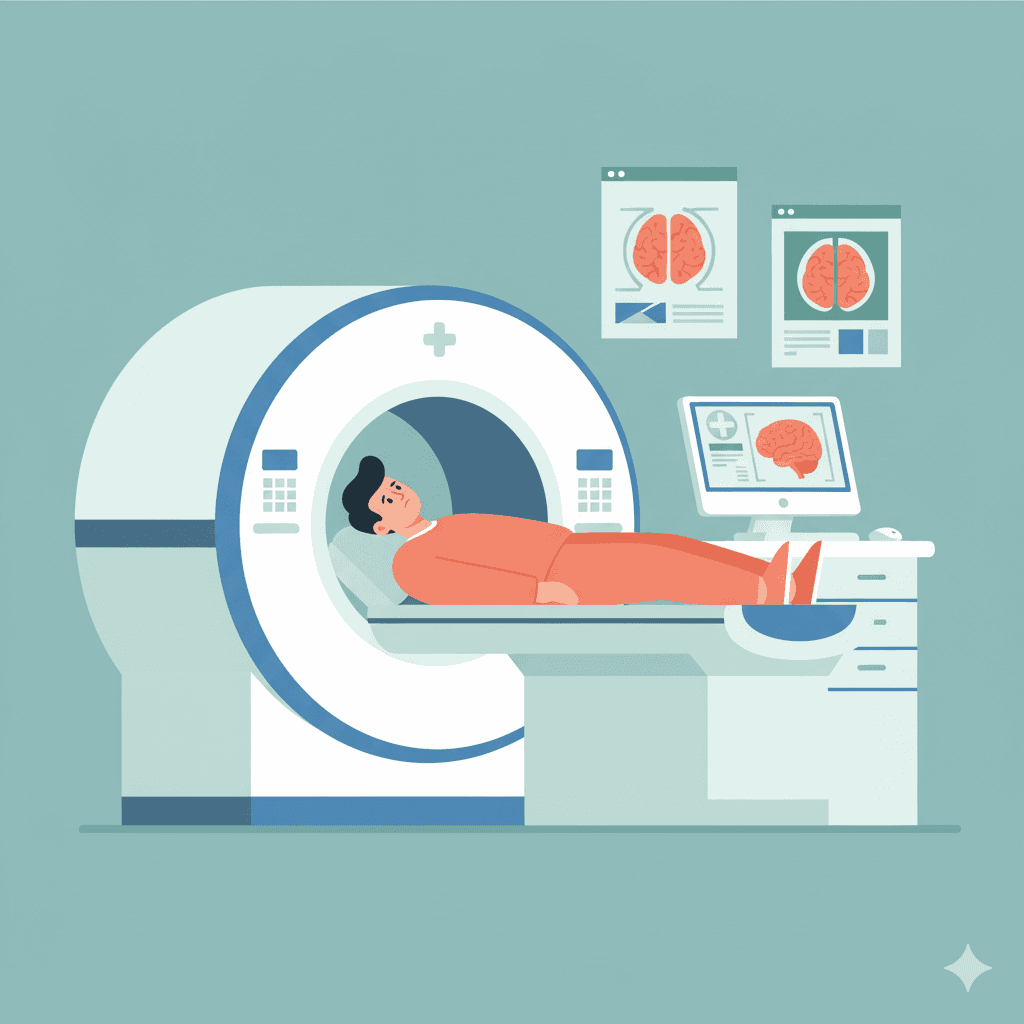Advanced brain imaging consultation with medical technician in Corporate Memphis illustration style