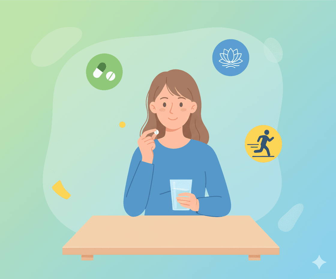 Illustration of migraine treatment and management options in corporate Memphis style