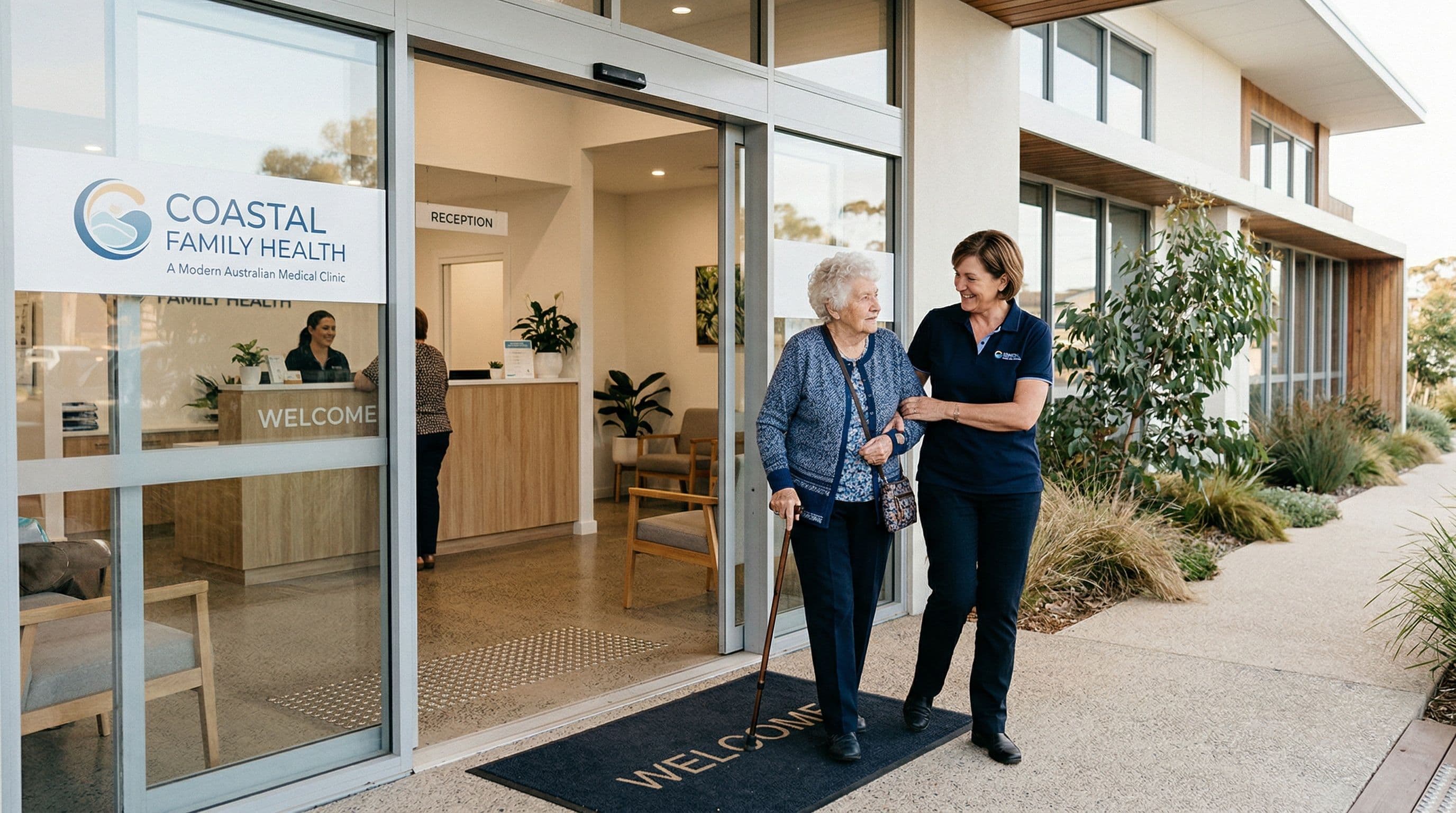 A carer supporting an elderly patient arriving at a neurology clinic for urgent assessment.
