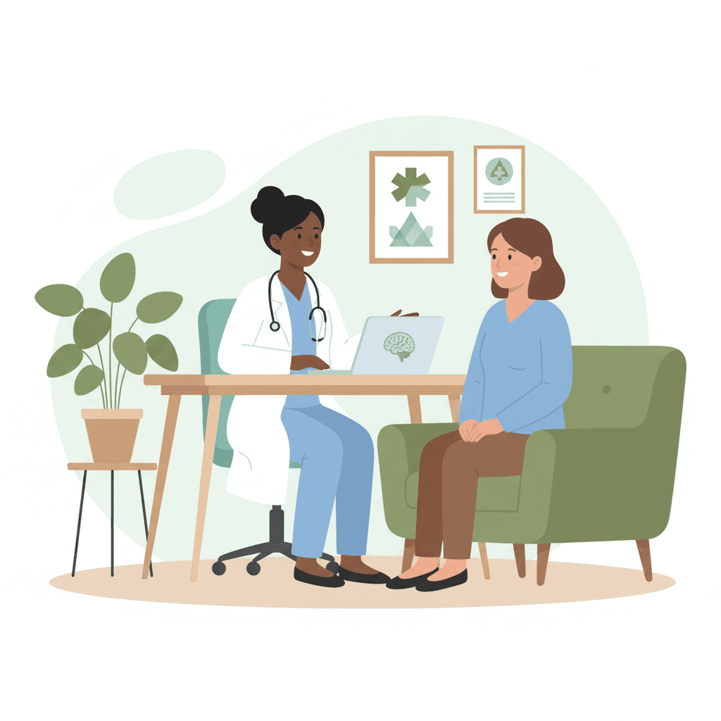 Minimally invasive aneurysm treatment consultation between doctor and patient in Corporate Memphis style