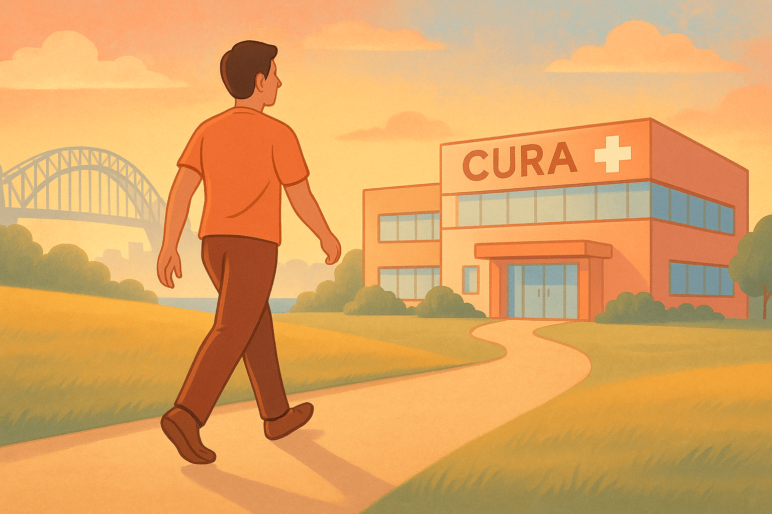 Uplifting illustration showing a person walking confidently on a path leading toward a modern medical building (representing CURA clinic) with Sydney harbour bridge subtly in the background. Person appears hopeful and determined. Warm sunrise/sunset lighting with coral, gold, and soft blue tones. Style should convey progress and hope for better health.
