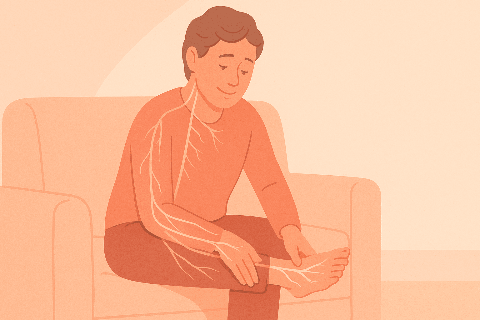 Warm, soft illustration showing a middle-aged person sitting on a couch, gently touching their foot with a concerned but hopeful expression. Visible nerve pathways are subtly illustrated as glowing lines from the spine down to the hands and feet. Warm coral and beige colour palette, minimal background with soft lighting, clean vector art style.