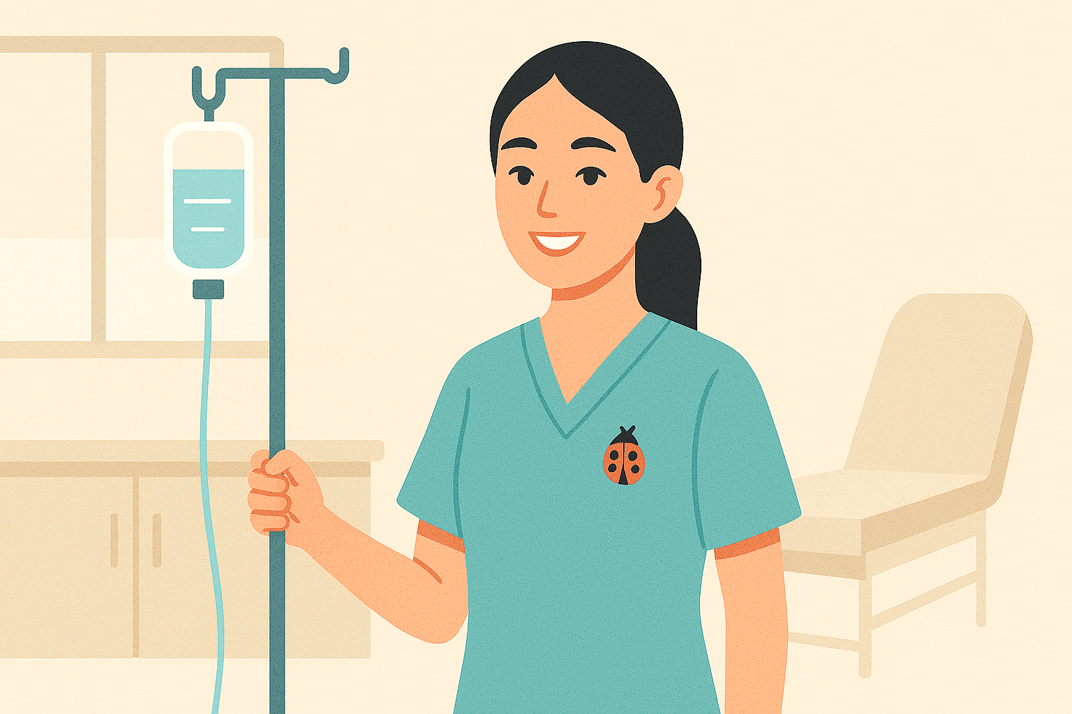 a very young Asian looking nurse holding an infusion pole in a treatment room of a clinic. Make her smile as well.