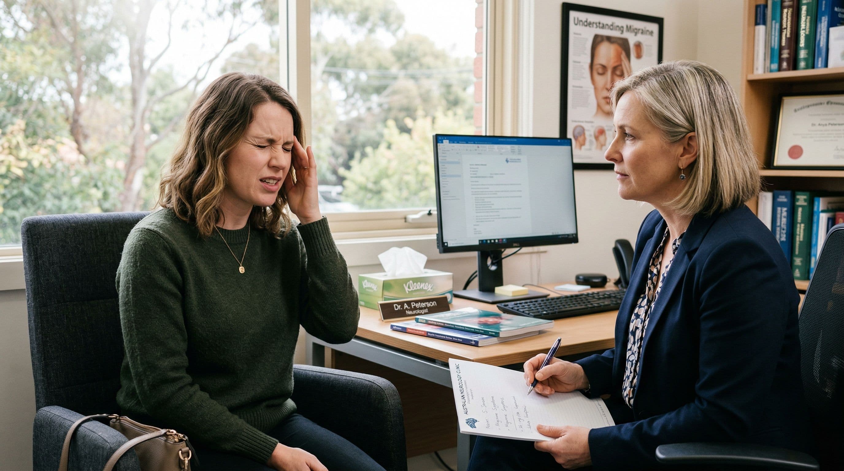 A patient describing migraine symptoms to a neurologist during a consultation.