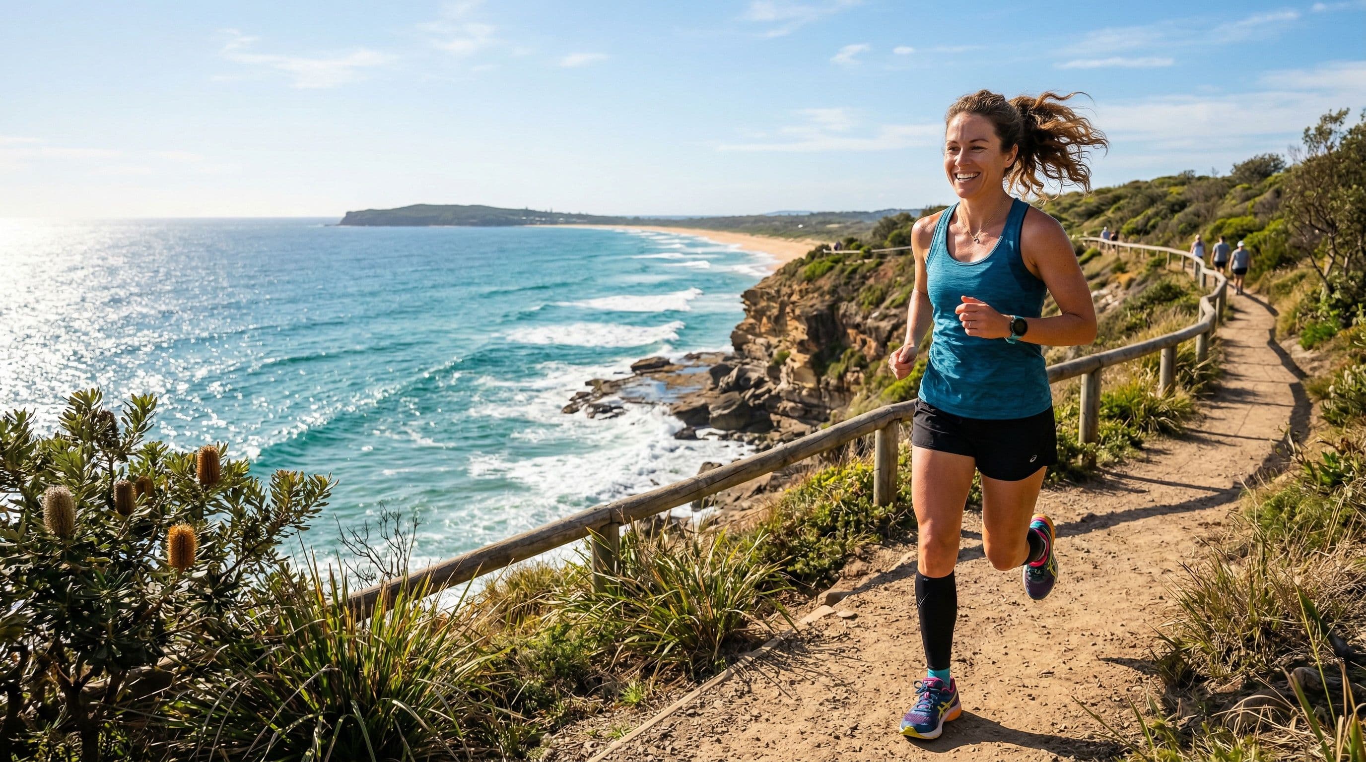 A woman jogging along a sunny coastal path, representing active living with well-managed migraines.