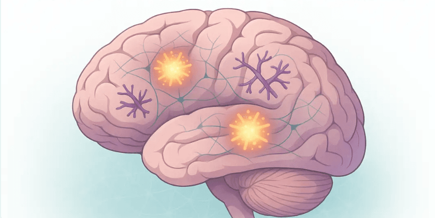 A digital illustration of a human brain in a flat-vector style with soft 3D shading, featuring glowing orange-yellow amyloid plaques and twisted purple tau tangles within the brain tissue. The background is white with a soft teal gradient and subtle neural network patterns. The text “What is Alzheimer’s Disease?” is centered above the brain, creating an informative and empathetic visual.