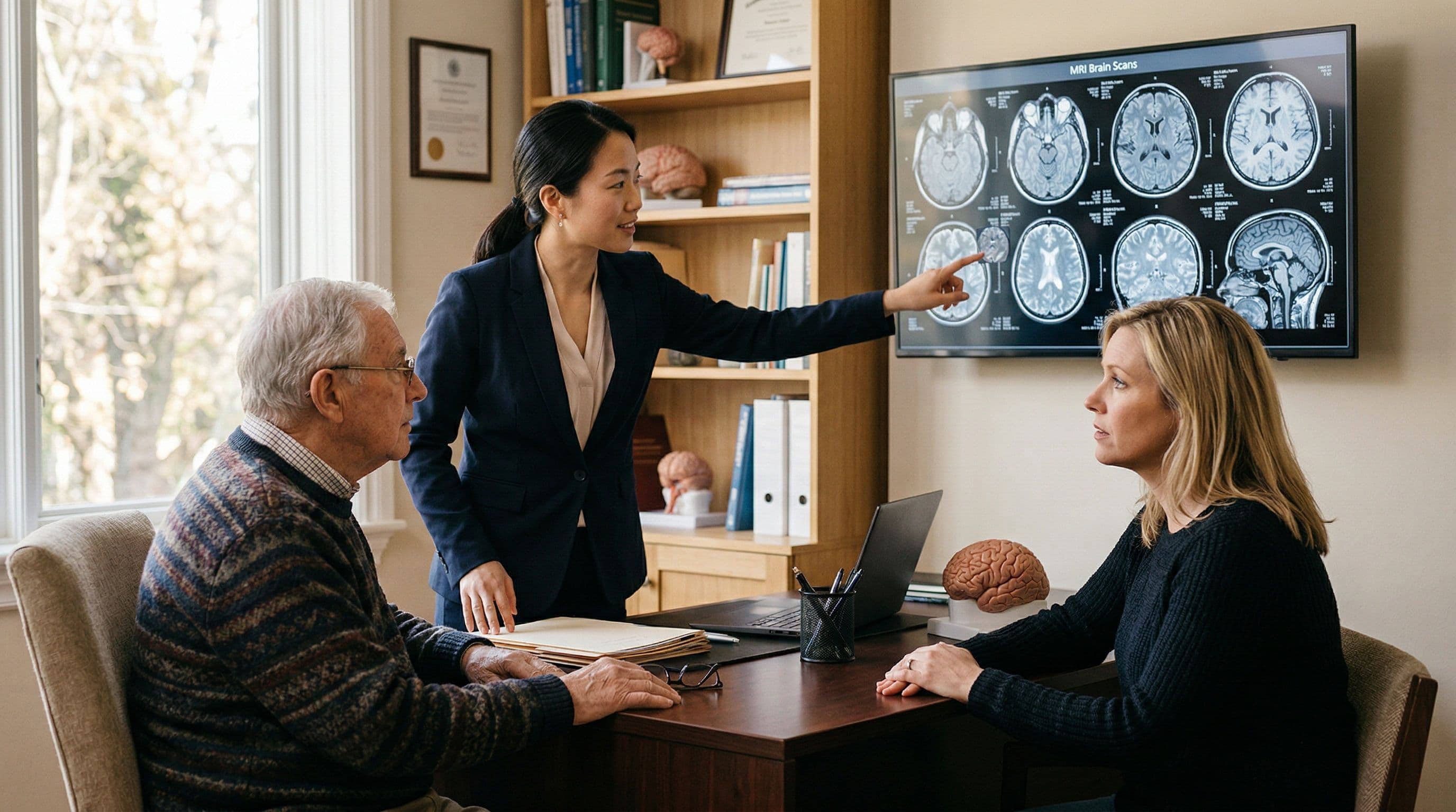 A neurologist reviewing brain imaging with a patient and their family member during a dementia assessment.