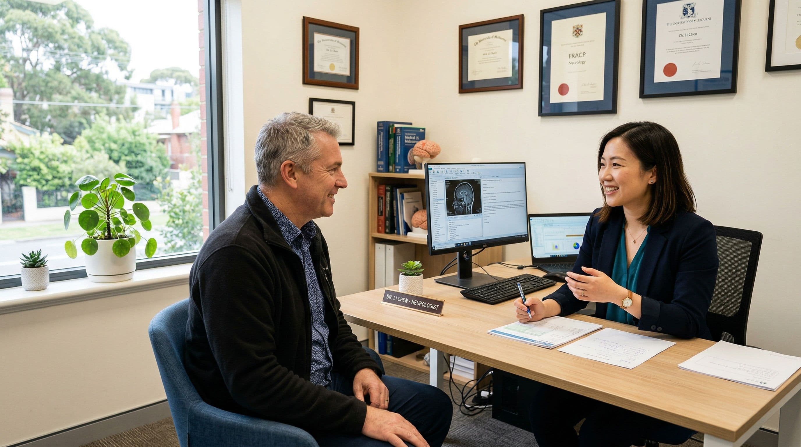 A neurologist consulting with a patient in a warm, professional clinic room.