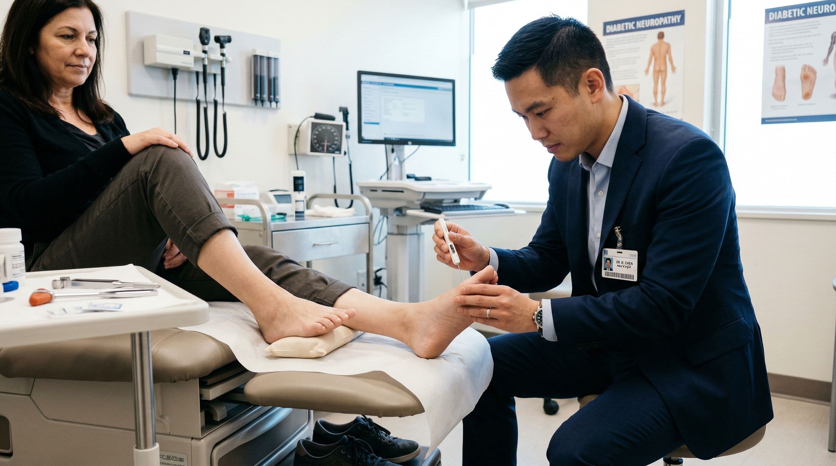 A neurologist testing foot sensation with a monofilament during a peripheral neuropathy examination.