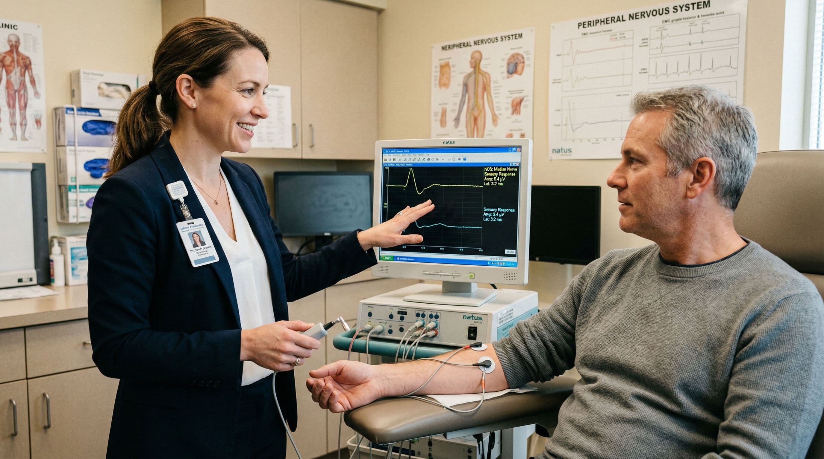 A neurologist explaining nerve conduction testing to a patient in a neurophysiology room.