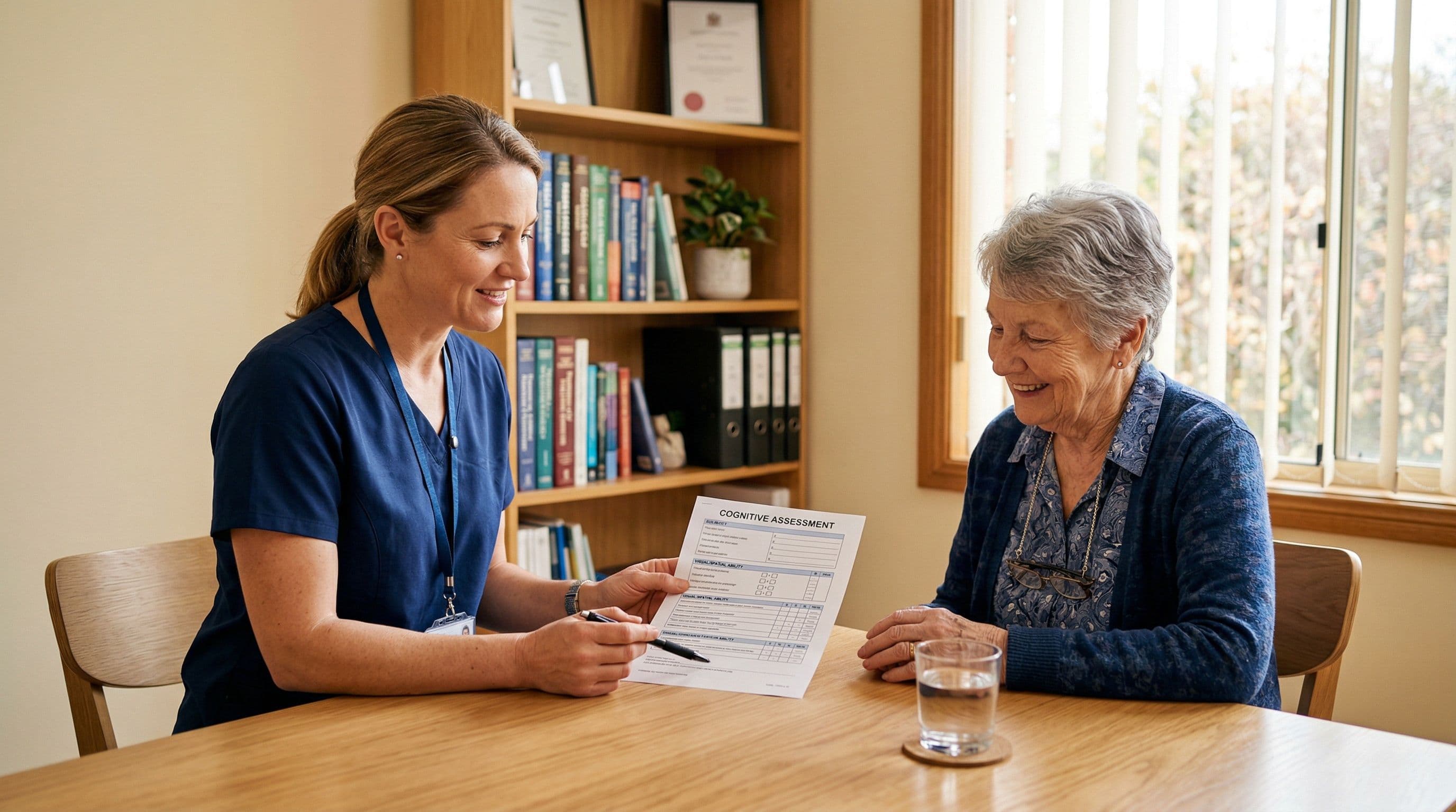 A nurse conducting cognitive testing with an elderly patient using a printed assessment form in a consulting room.