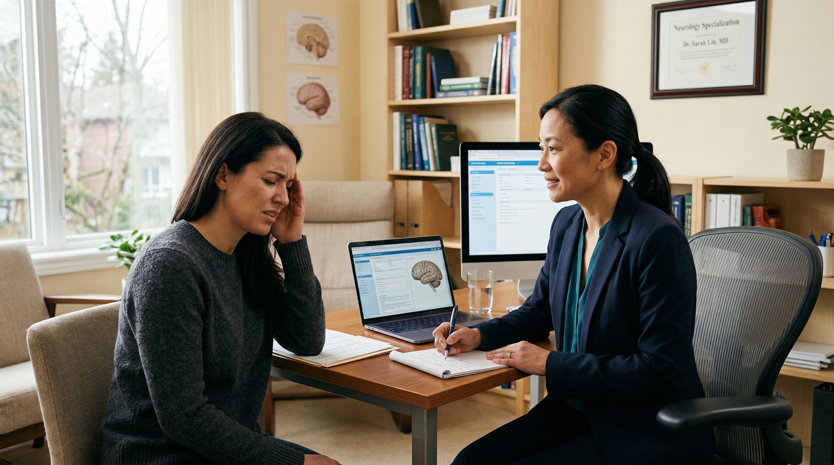 A neurologist consulting with a patient experiencing migraine symptoms.