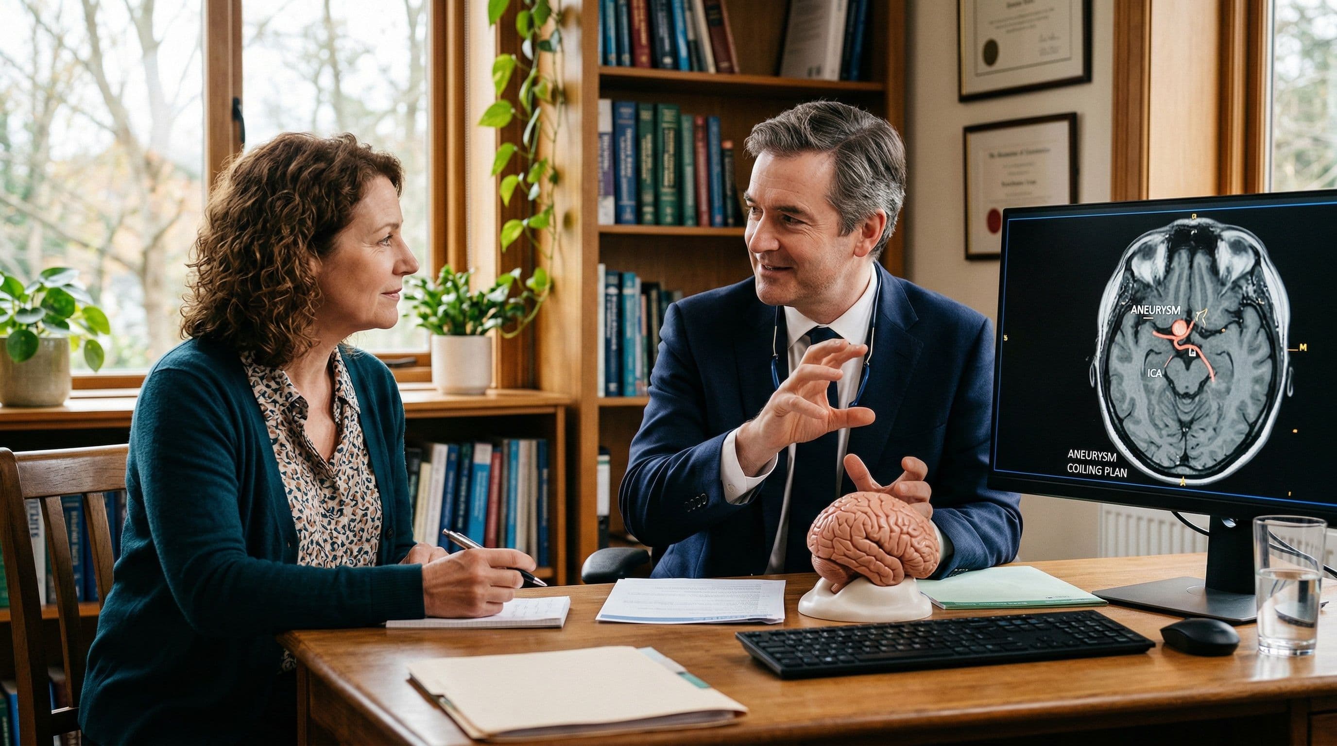 A neurologist explaining brain aneurysm treatment options to a patient during a consultation.