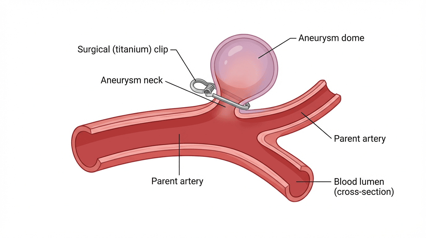 Medical illustration showing surgical clipping of a brain aneurysm at a vessel bifurcation, with a titanium clip across the aneurysm neck.