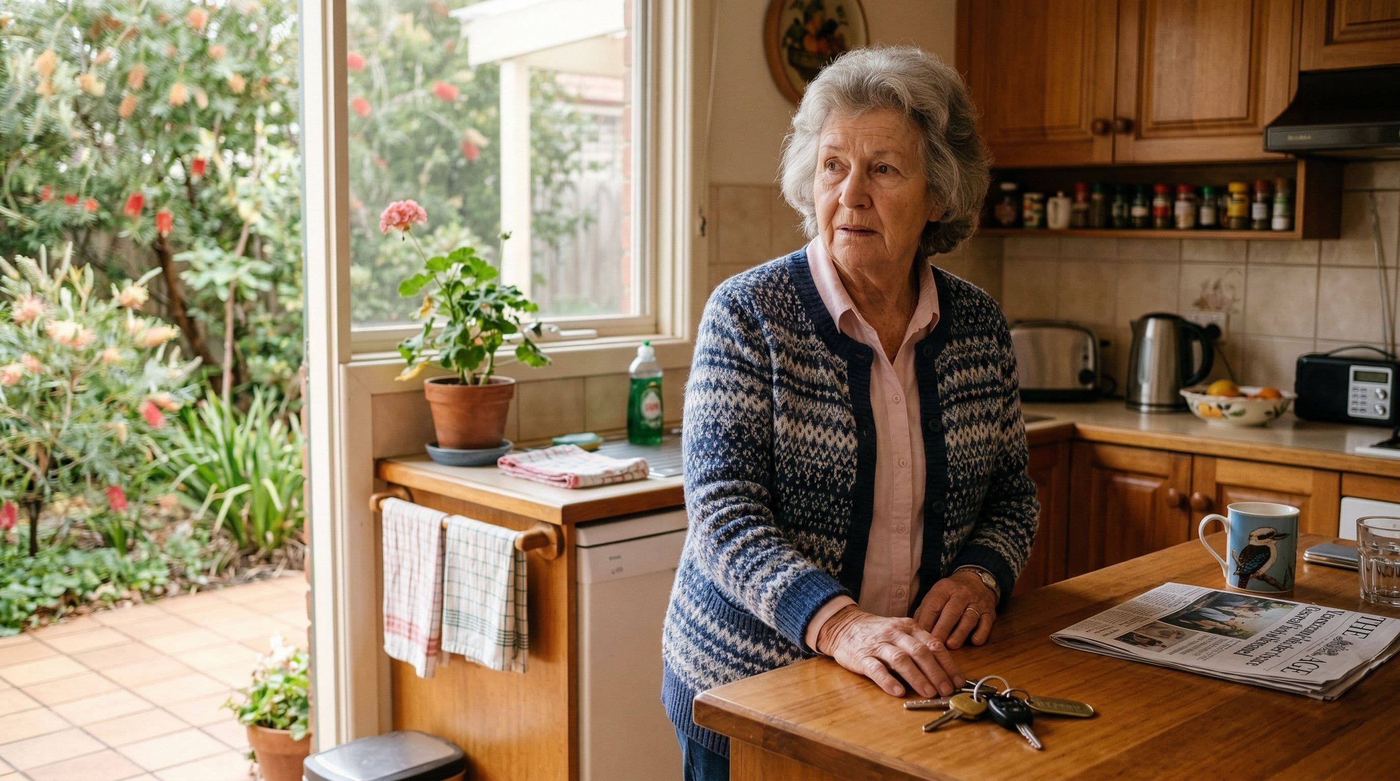 An elderly woman pausing in her kitchen, illustrating the everyday memory challenges of Alzheimer's disease.