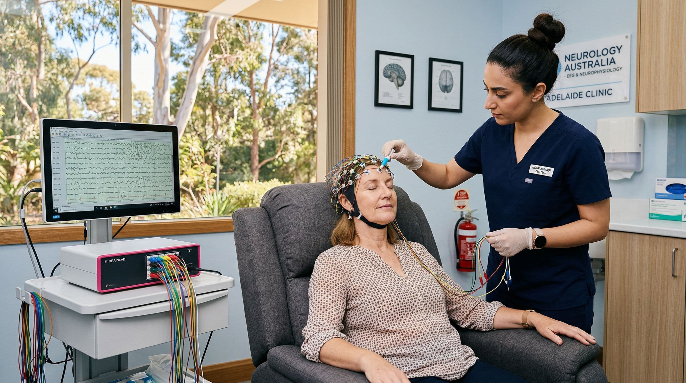 A technician placing EEG electrodes on a patient during a routine EEG test in a neurology clinic.