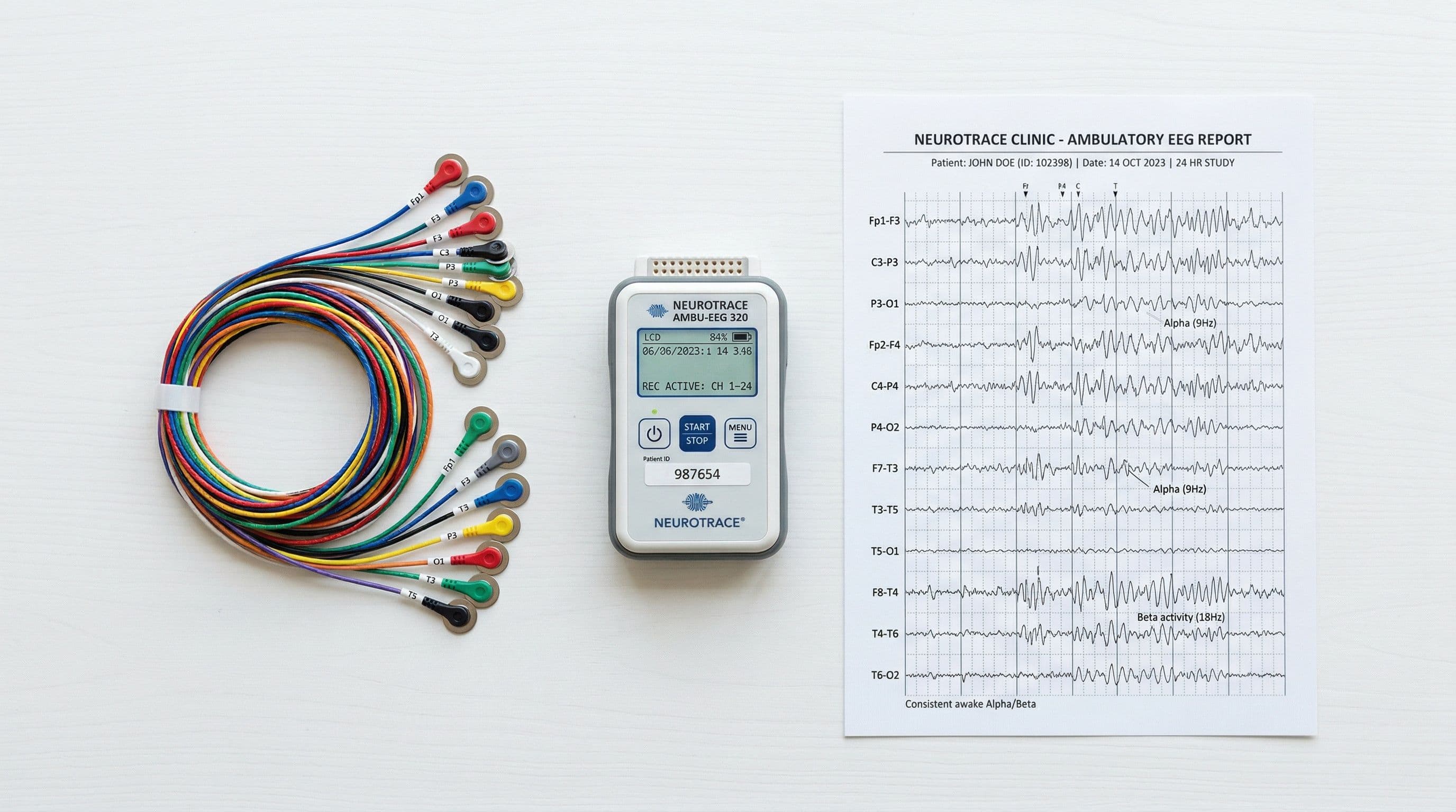 EEG equipment and brain wave reports displayed on a desk, representing the different types of EEG tests available.