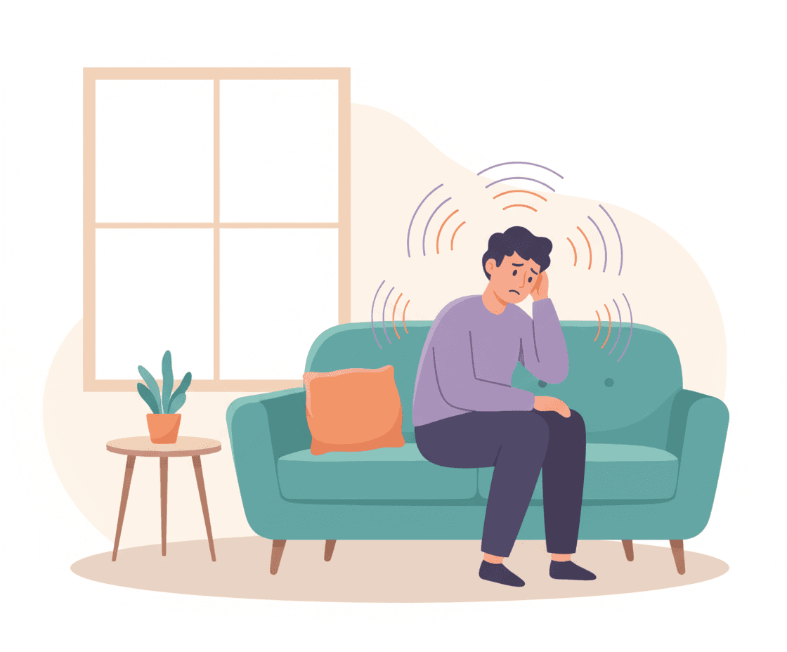 Illustration of a person sitting on a sofa holding their head, indicating a migraine headache