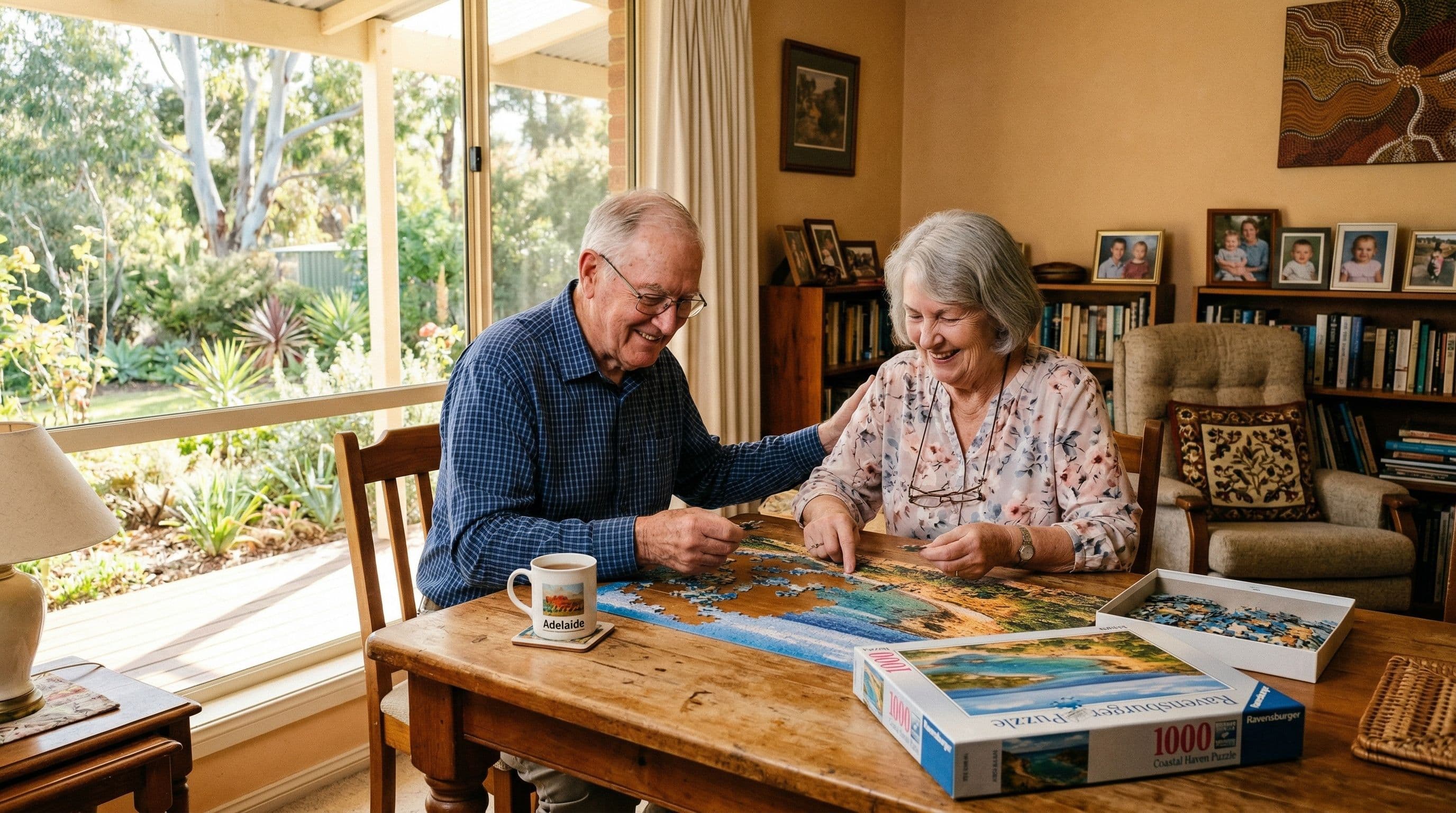 An elderly couple engaging in cognitive activities together at home, representing living well with Alzheimer's disease.