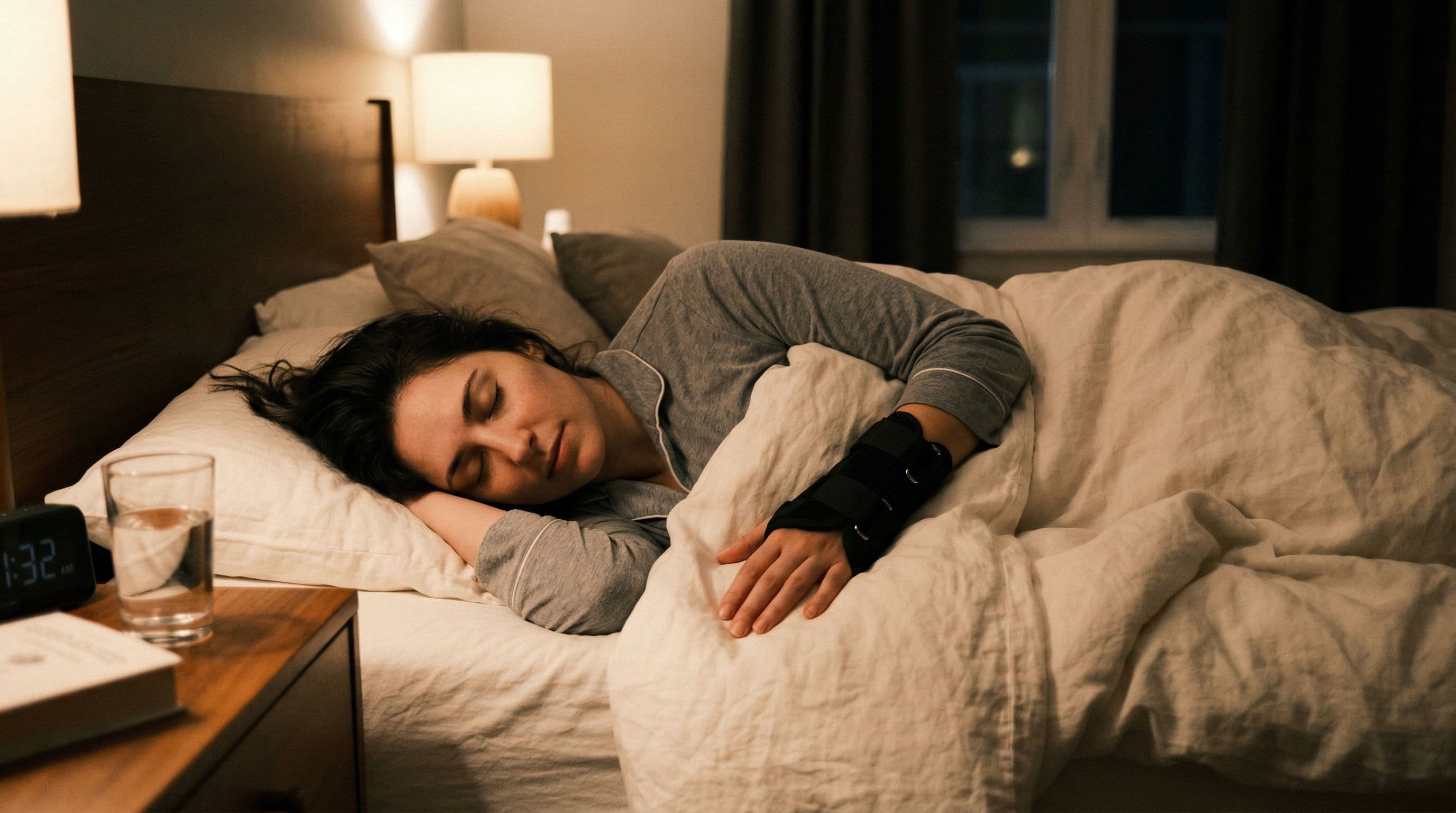 A person sleeping while wearing a wrist splint for carpal tunnel syndrome treatment.
