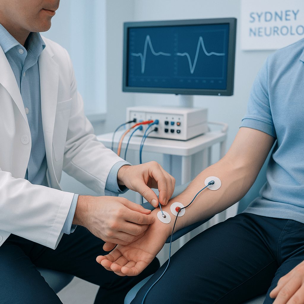 Create a professional medical image showing a nerve conduction study procedure in a modern neurology clinic. The composition should show a doctor or technician in professional attire (white coat optional) gently placing small electrode sensors on a patient's arm. The patient should be seated comfortably on an examination chair. Include monitoring equipment with digital displays showing nerve signal waveforms in the background. The clinical environment should appear clean, bright, and reassuring with soft medical lighting. Use a color palette of calming blues and whites. The image should convey medical expertise and patient comfort without showing any faces clearly. Include subtle branded elements that suggest a Sydney/Australian medical practice setting.