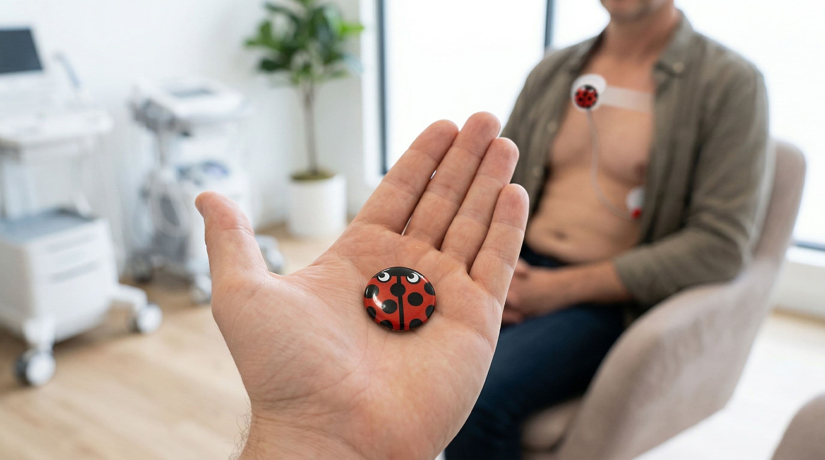 A HeartBug cardiac monitoring device held in a palm, showing the distinctive ladybug design used for heart rhythm monitoring.
