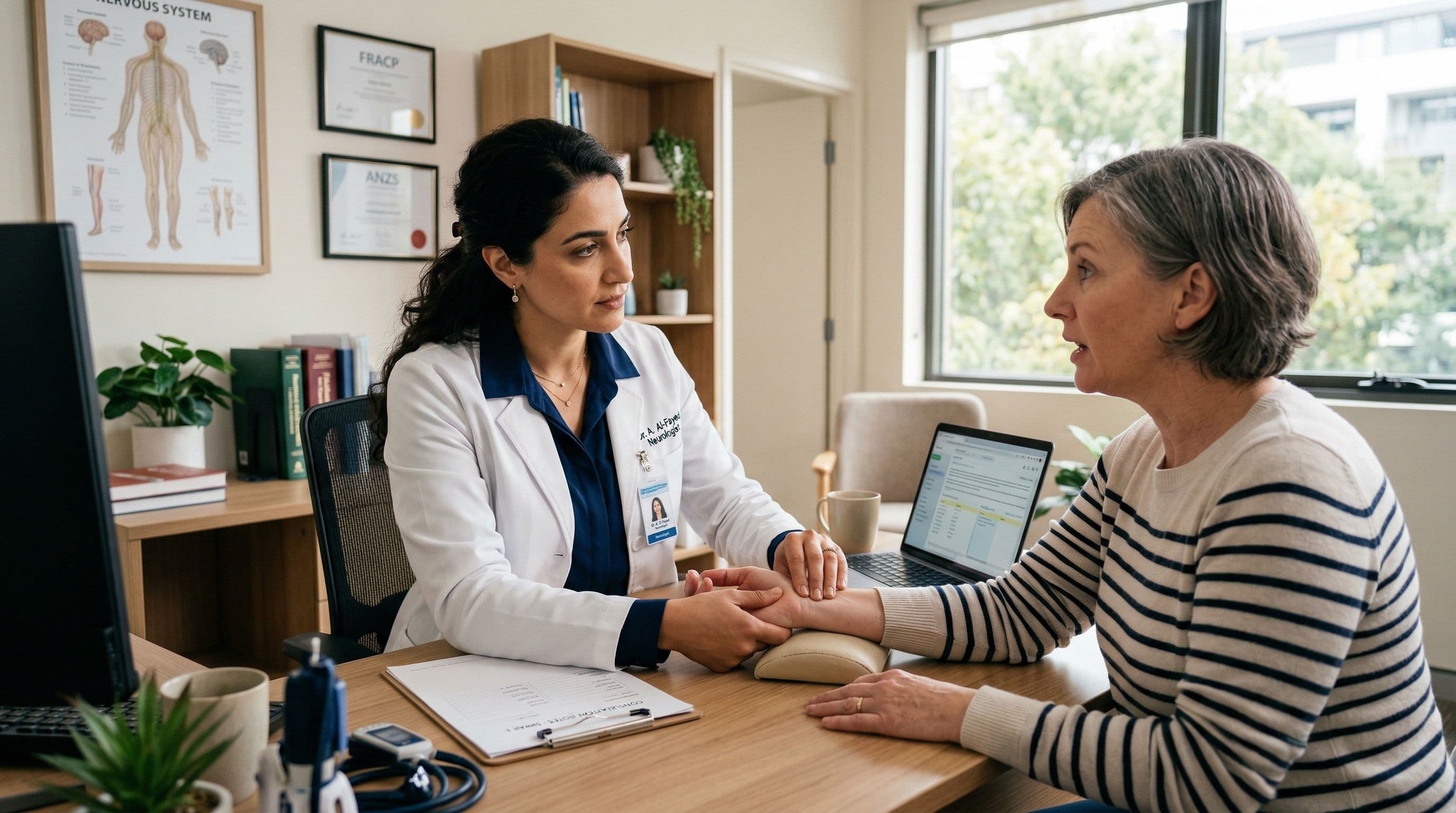 A neurologist examining a patient wrist during a carpal tunnel syndrome consultation.