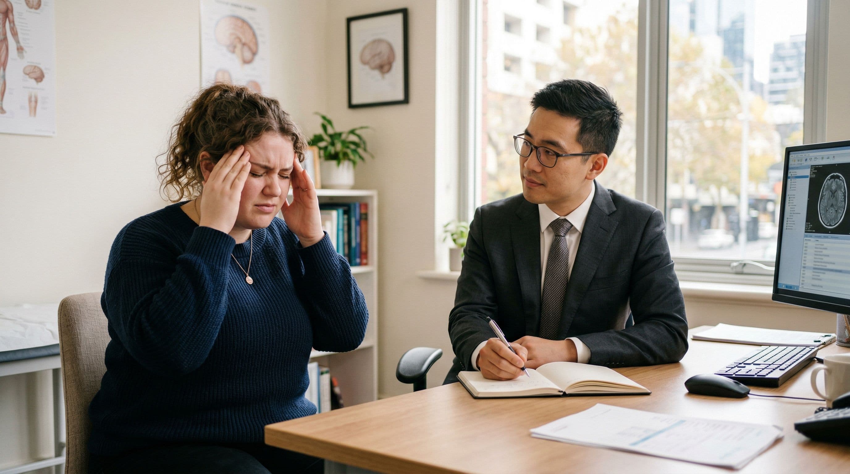 A young woman describing headache symptoms to a neurologist during a consultation for idiopathic intracranial hypertension.