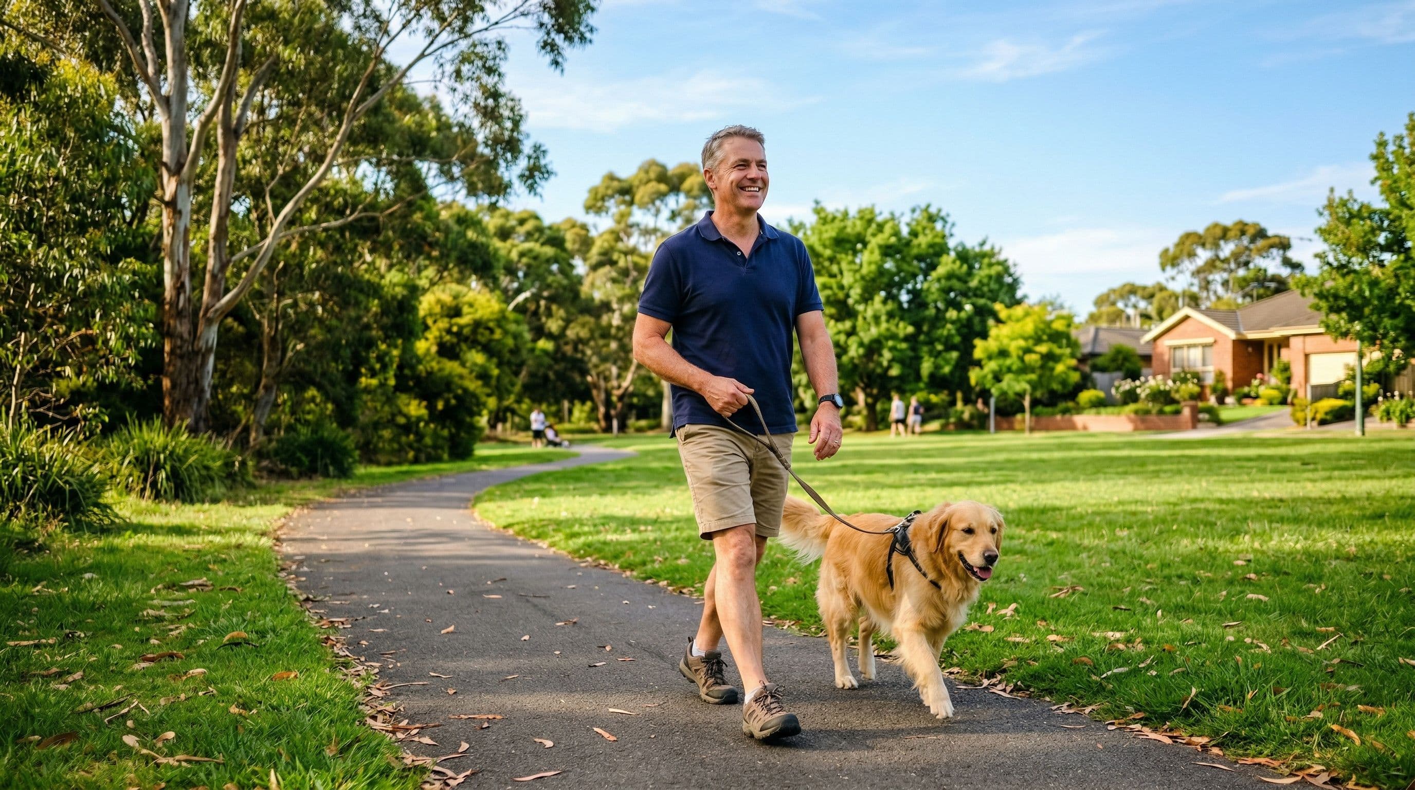 A man walking his dog in a sunny park, representing active living after brain aneurysm treatment.