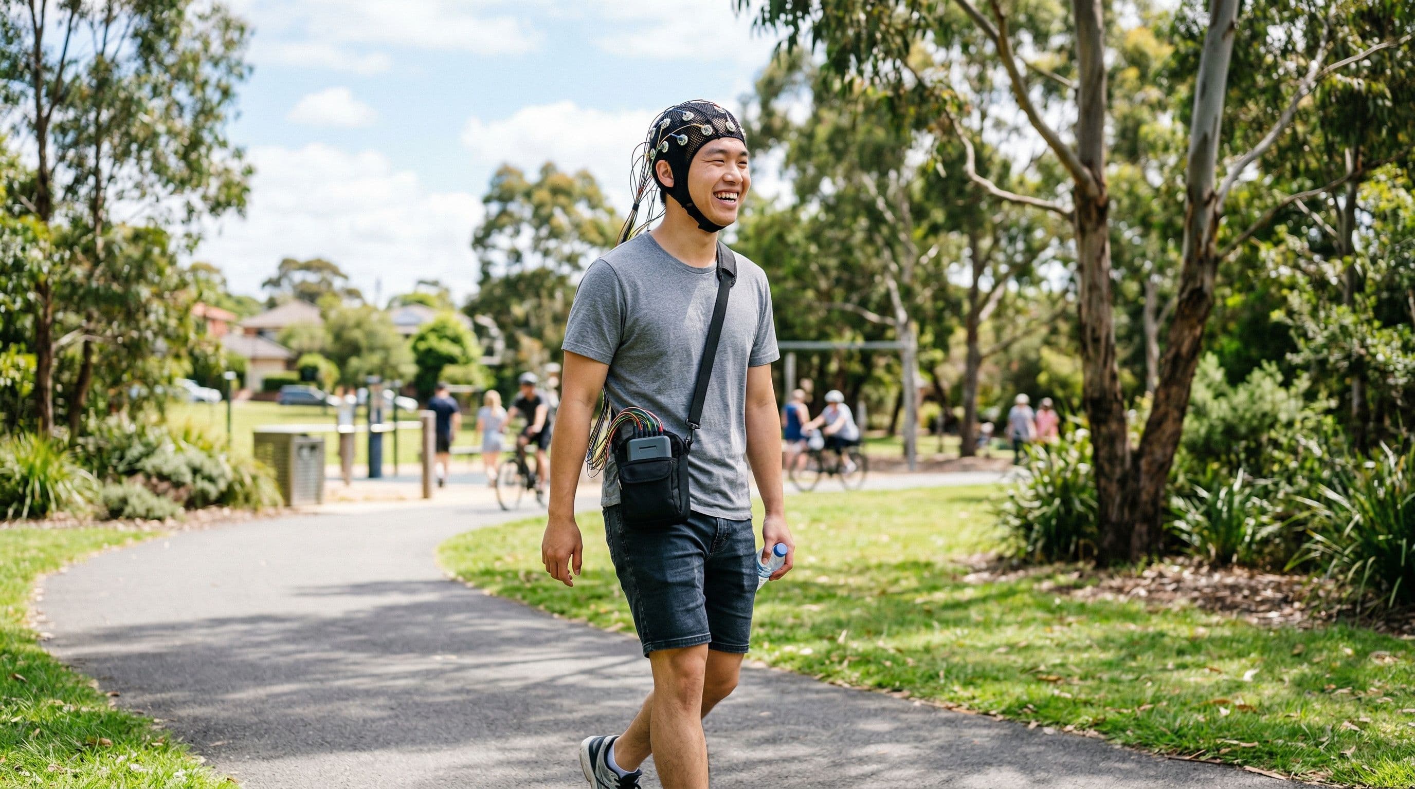 A patient wearing a portable ambulatory EEG monitoring device while going about daily activities outdoors.