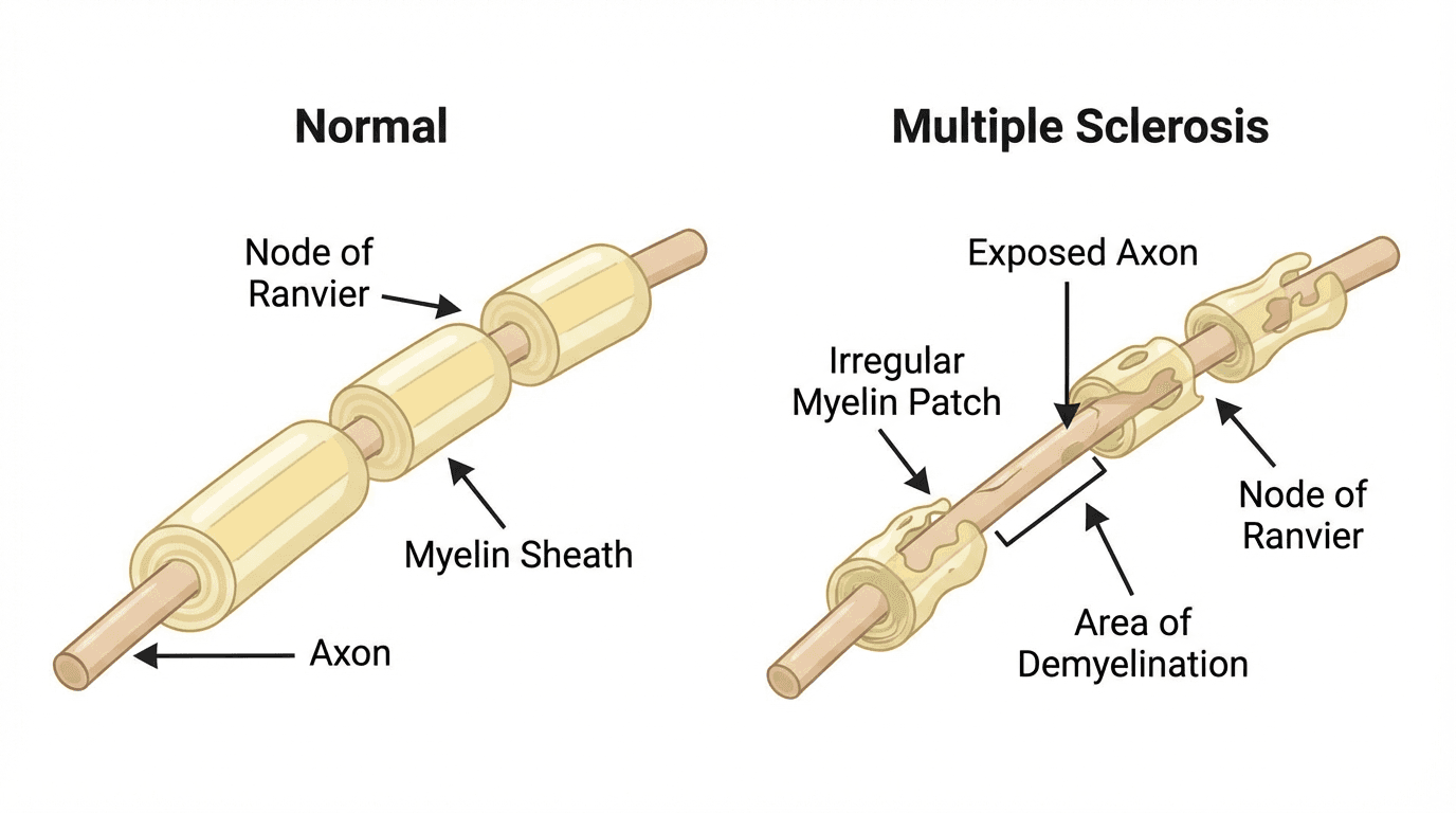 Medical diagram comparing normal myelin sheath on a nerve fibre with damaged myelin in multiple sclerosis, showing exposed axon, irregular myelin patches, and areas of demyelination.