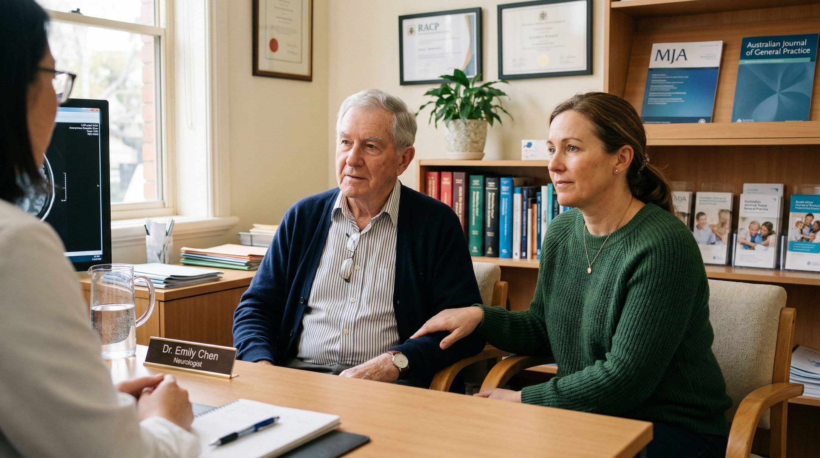 An elderly patient and his daughter in a supportive consultation about dementia at a neurology clinic.