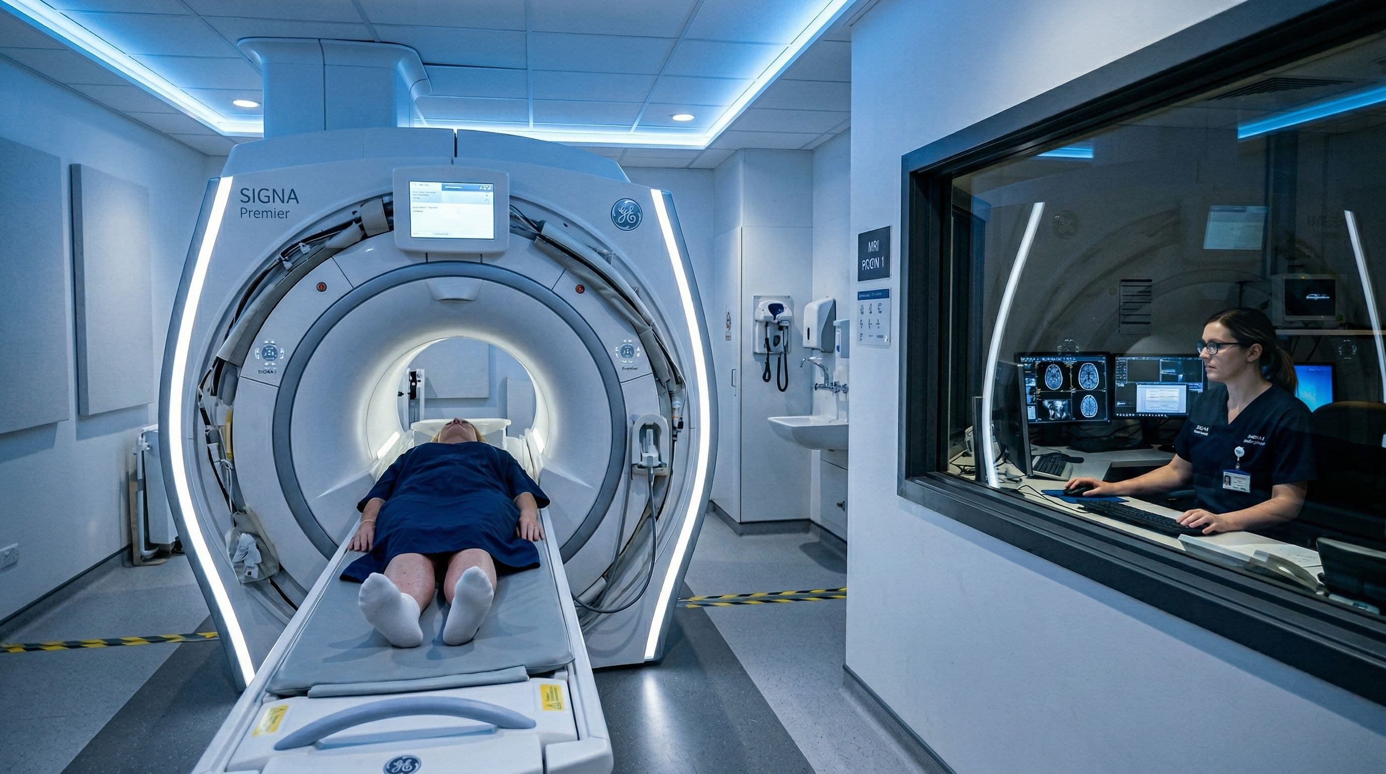 A patient undergoing an MRI brain scan for aneurysm assessment in a modern radiology suite.