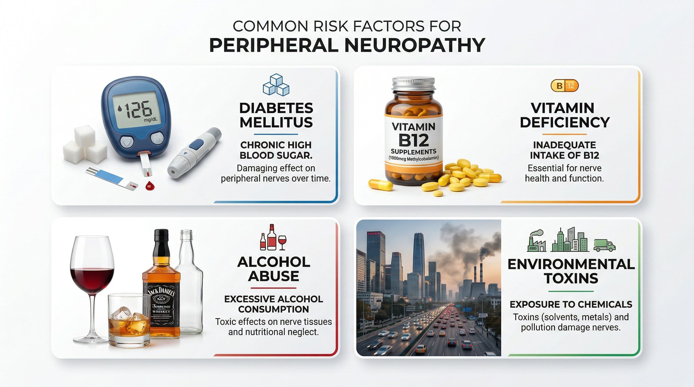 Common risk factors for peripheral neuropathy including diabetes, vitamin B12 deficiency, alcohol, and environmental factors.