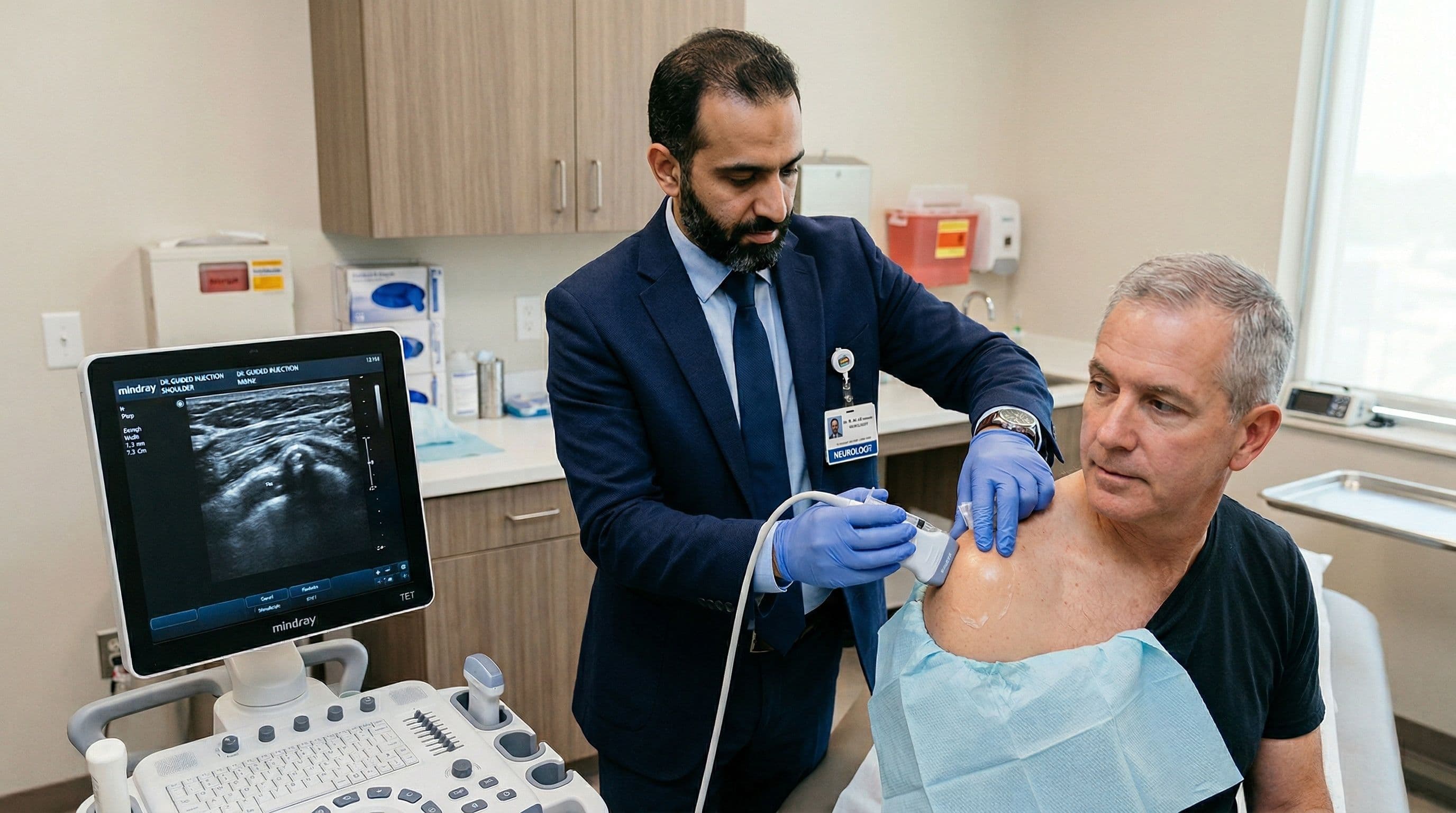 A neurologist performing an ultrasound-guided nerve injection, using ultrasound imaging to guide precise needle placement.
