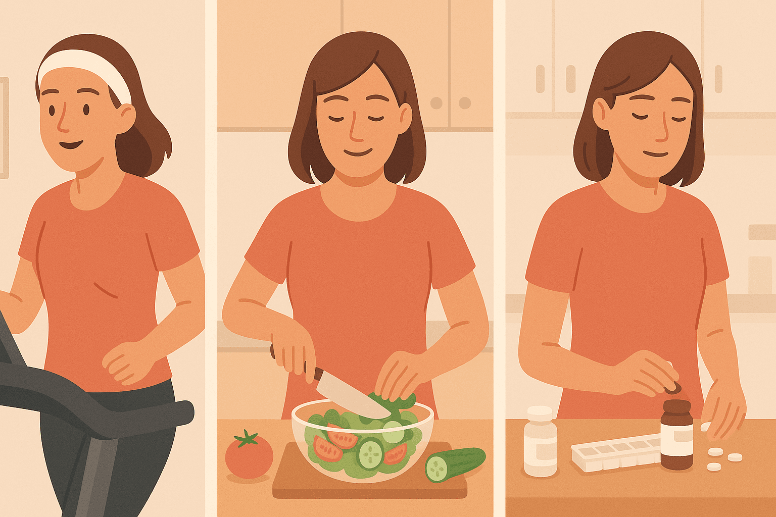 Lady exercising, chopping salads and taking medication.