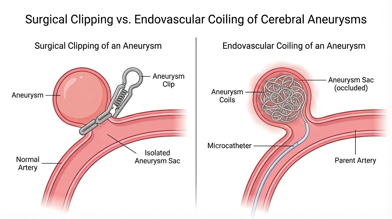 Side-by-side anatomical illustration comparing surgical clipping (a small metal clip placed across the aneurysm neck) and endovascular coiling (soft platinum coils packed into the aneurysm sac via a microcatheter).