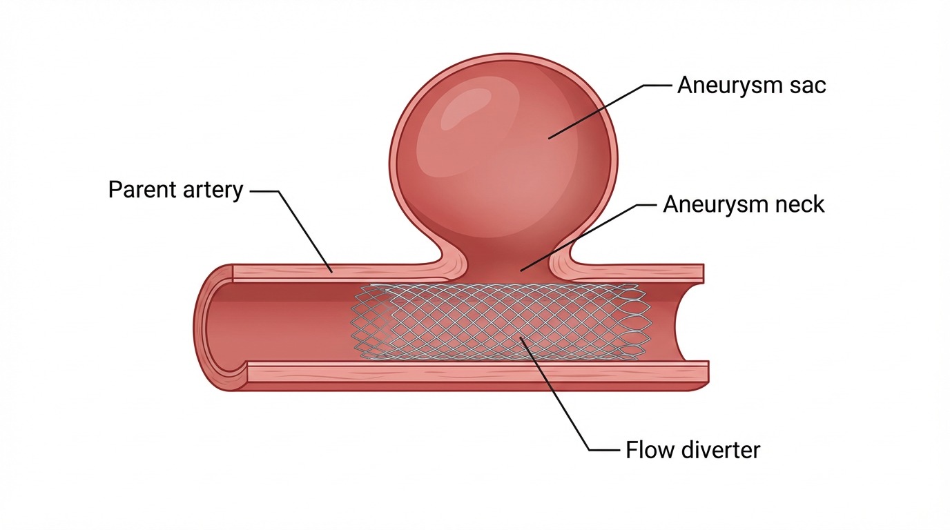 Cutaway anatomical illustration of a flow diverter — a tubular braided mesh stent deployed inside the parent artery across the neck of an aneurysm sac, redirecting blood flow.